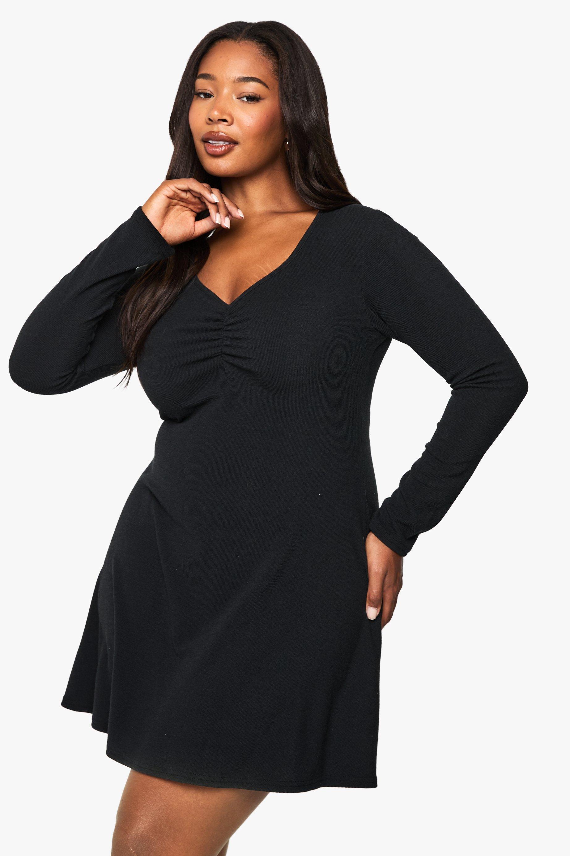 Boohoo Plus Geribbelde Mini Skater Jurk Met Ruches, Black