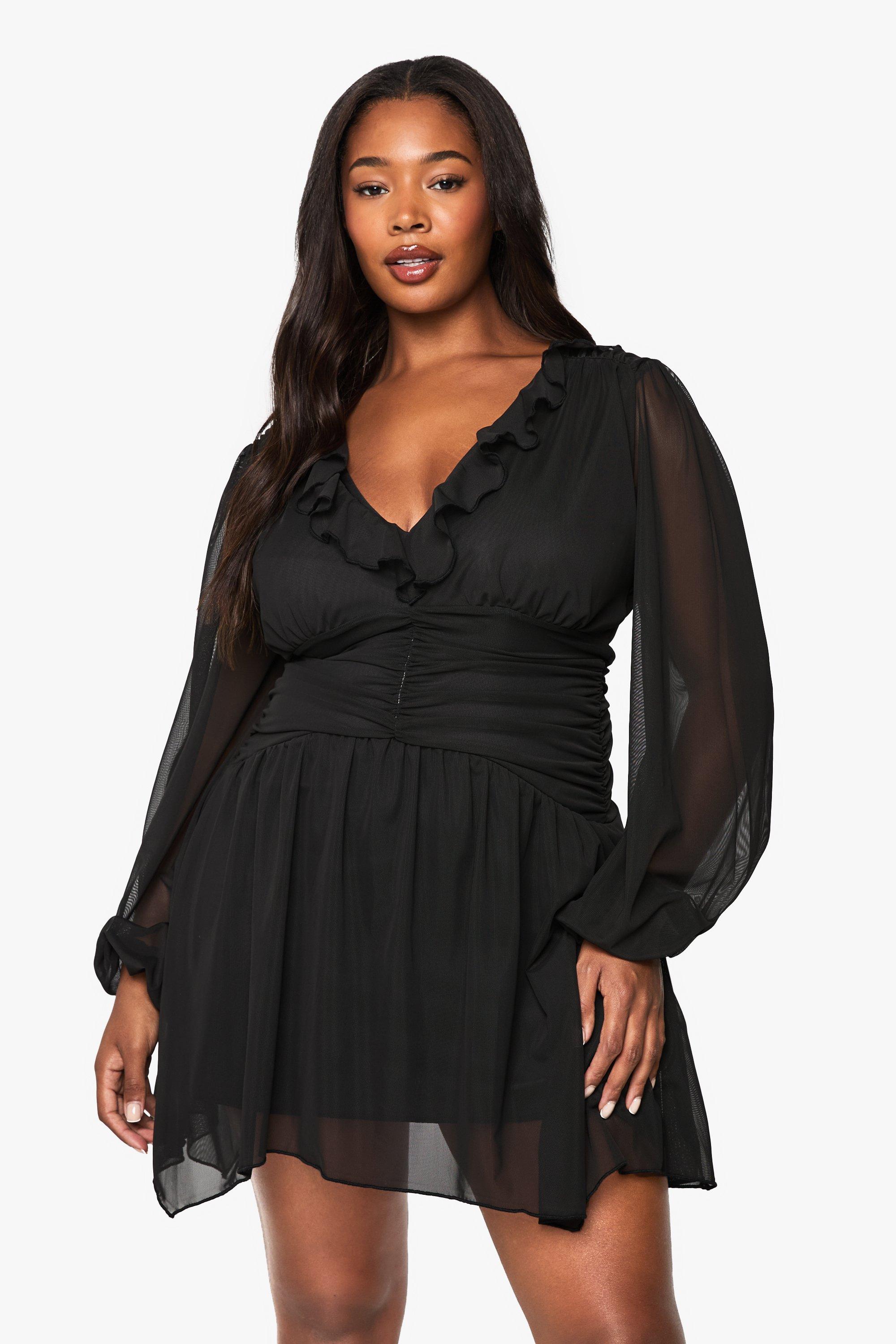 Boohoo Plus Mesh Skater Jurk Met Ruches, Black