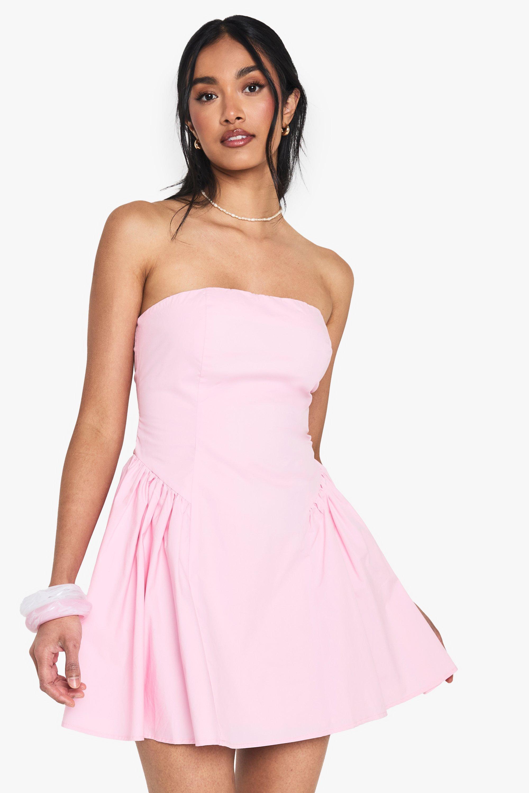 Boohoo Strapless Poplin Mini Skater Jurk, Baby Pink