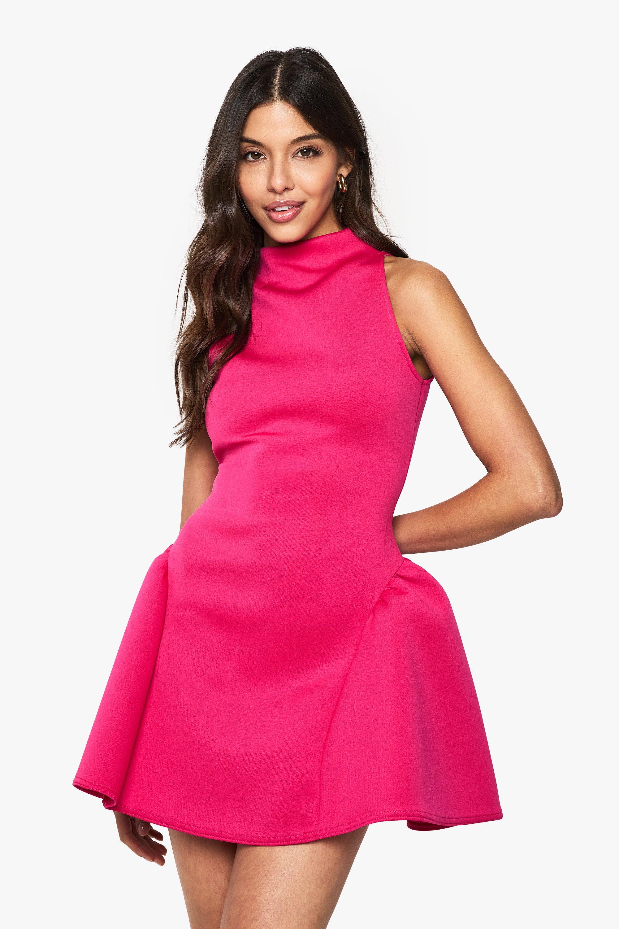 Boohoo Mini Jurk Met Racer Hals En Volume, Hot Pink