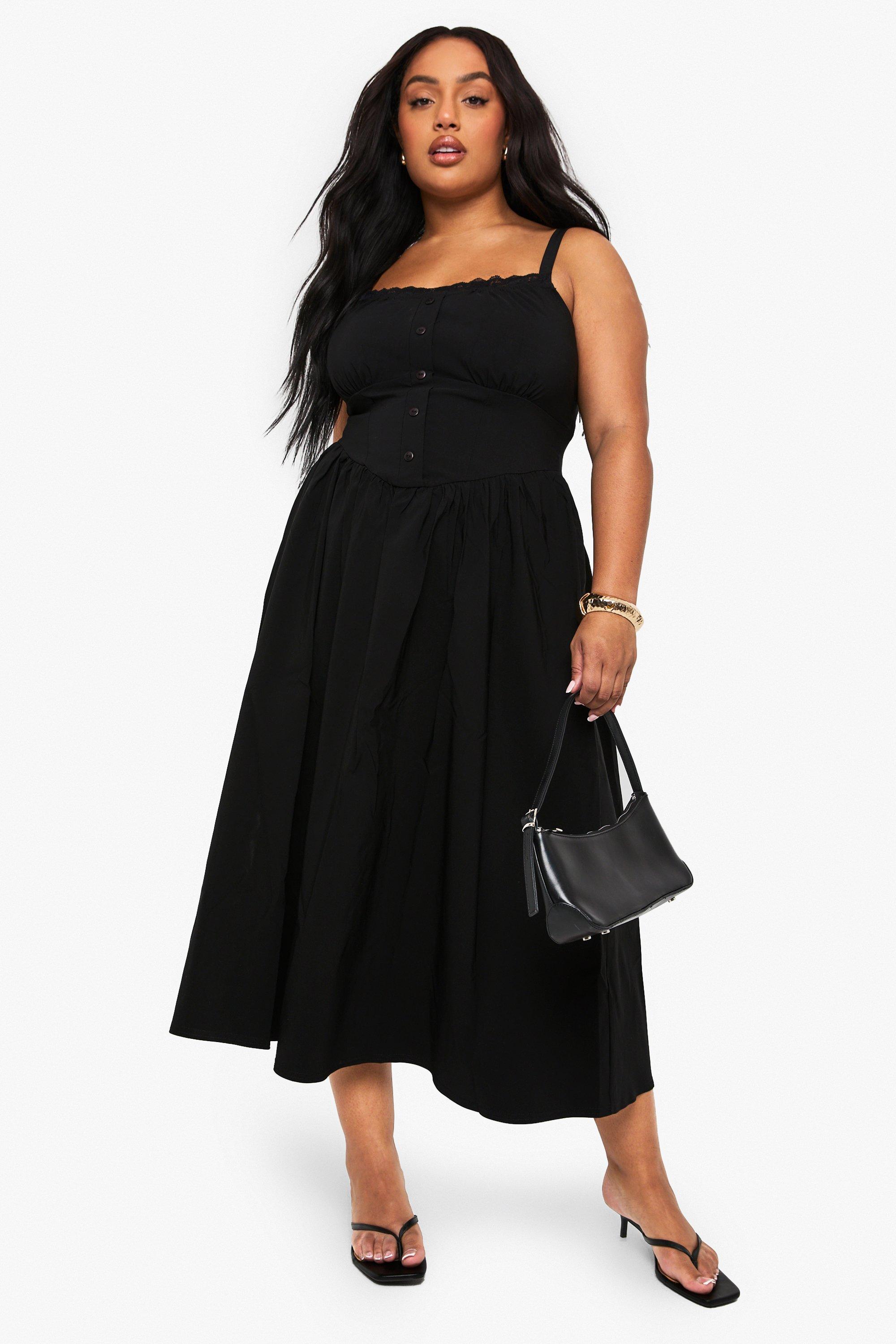 Boohoo Plus Bengaline Midaxi Skater Jurk Met Kanten Zoom, Black