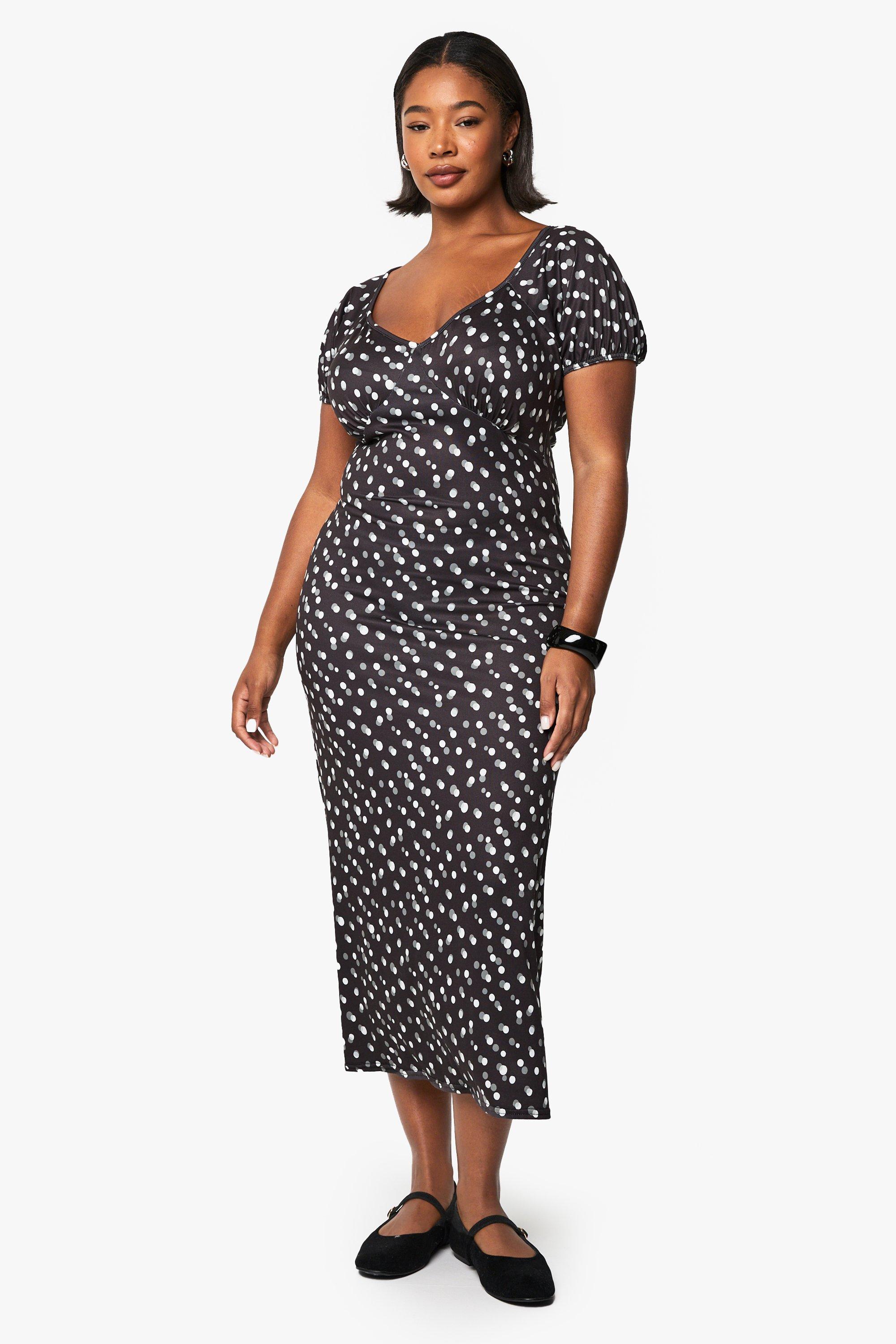 Boohoo Plus Midaxi Jurk Met Wazige Stippen En Pofmouwen, Black