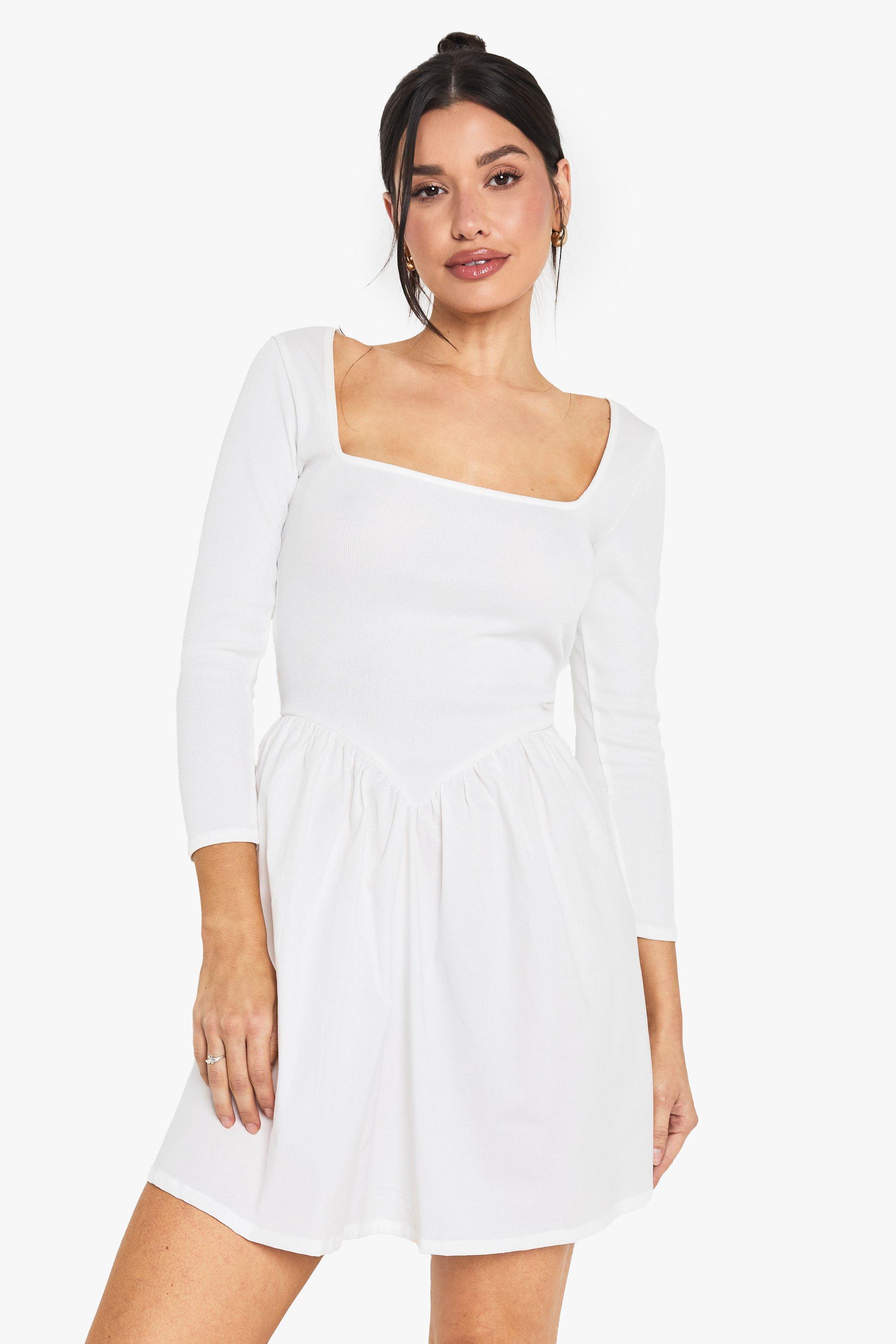 Boohoo Tall Geribbelde Jersey Katoenen Mini Jurk Met Lange Mouwen, White