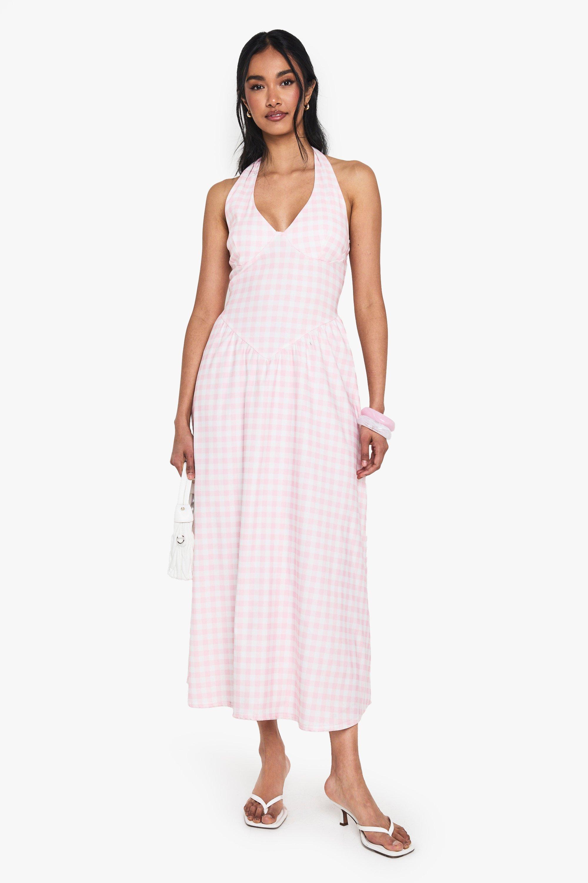 Boohoo Bengaline Gingham Midaxi Jurk Met Laag Decolleté, Pink