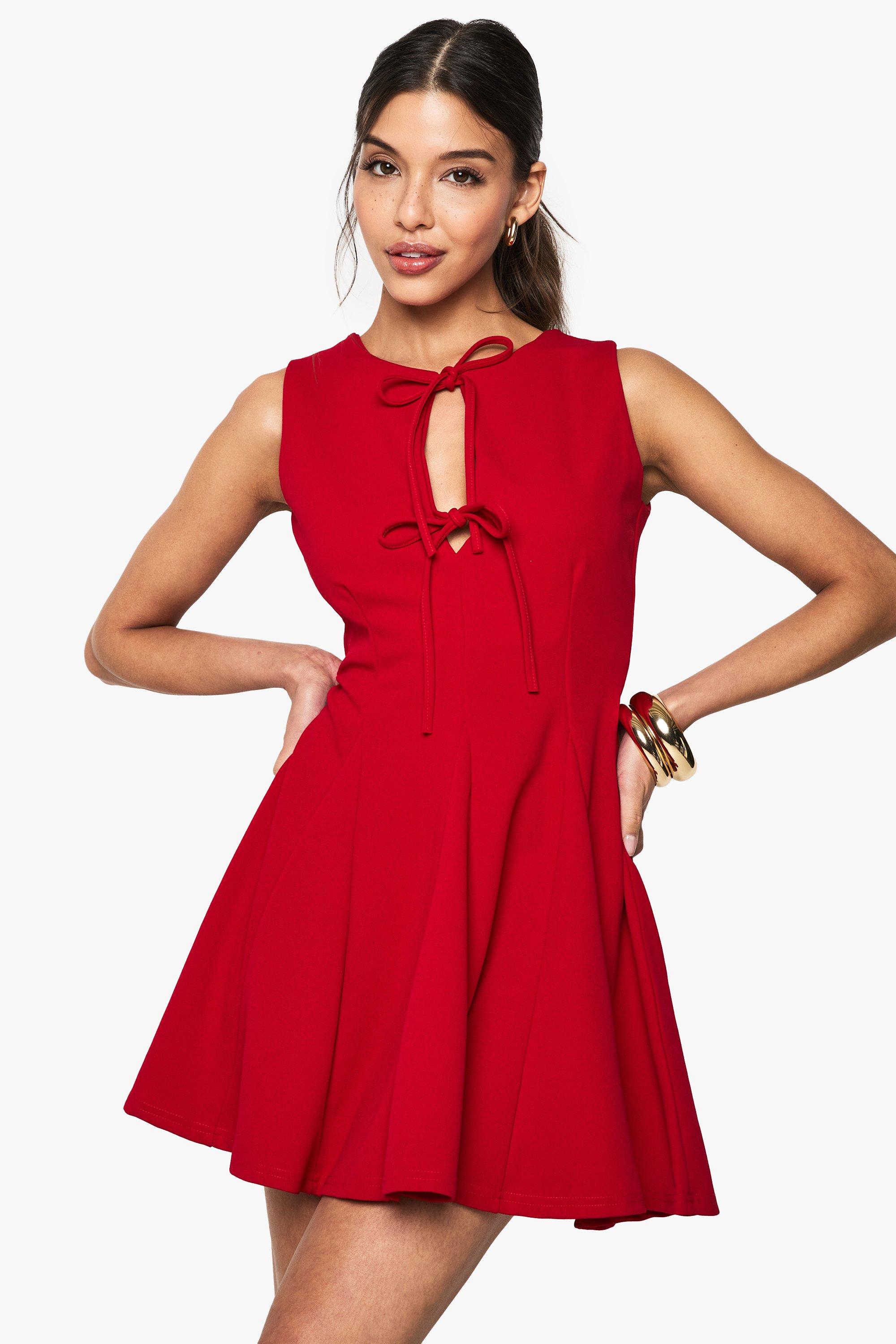 Boohoo Mini Skater Jurk Met Strik, Red