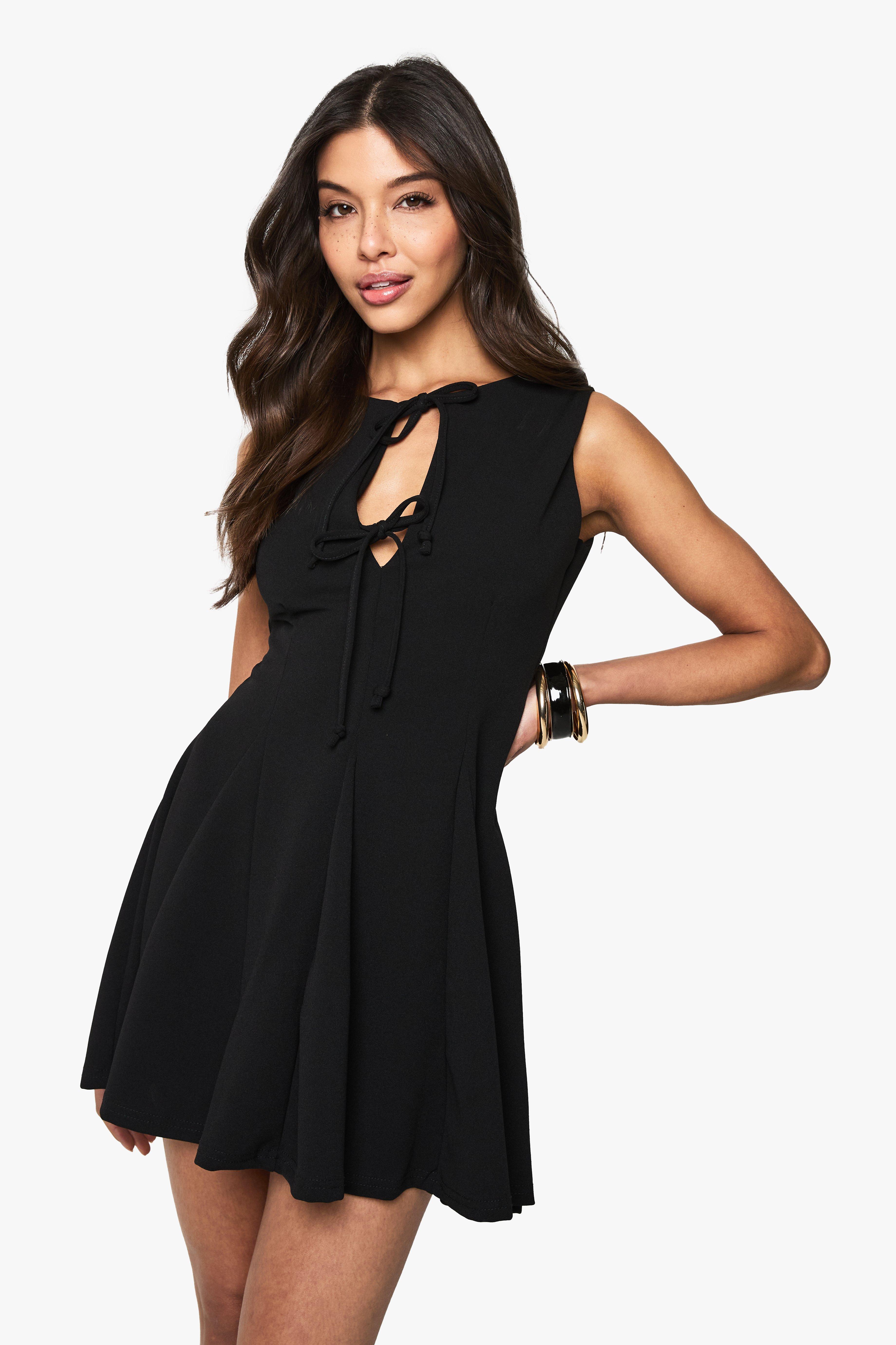 Boohoo Mini Skater Jurk Met Strik, Black