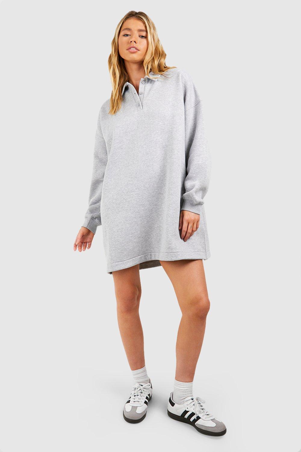 Boohoo Sweatshirt Jurk Met Rugby Kraag, Grey Marl