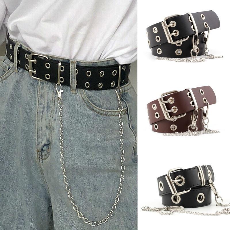 YuTao Belt Vrouwen Punk Ketting Mode Riem Verstelbare Dubbele/Enkele Rij Gat Oogje Tailleband met Oogje Ketting Black Single