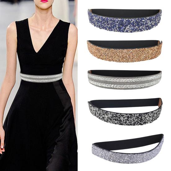 Guannuotong Damesriem Verstelbare elastische band Glanzende strass Brede antislipkleding Bijpassende anti-break Strakke taille Jurk Tailleband Kledingaccessoire blauw