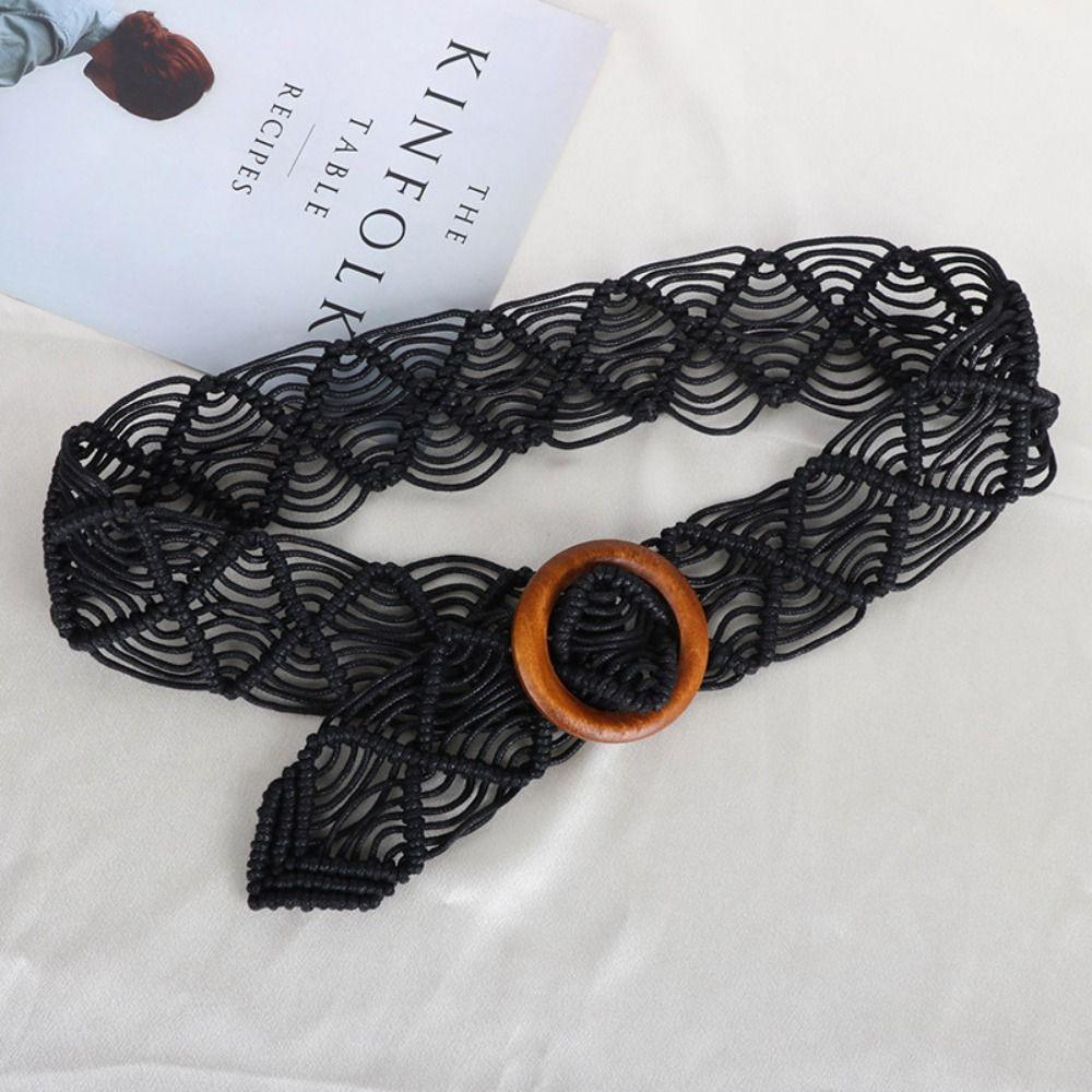 Zhuhaizongheng Accessoires Handgeweven DIY Etnische Stijl Riemen Gevlochten Riem Vrouwen Tailleketting Ronde Houten Knoop zwart