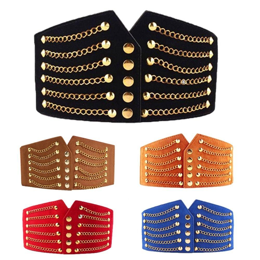 SHwangqi Kledingbenodigdheden Brede tailleriem Elastische gesp Jurkriem Nieuwe ketting Klinknagel tailleband Dames color 5