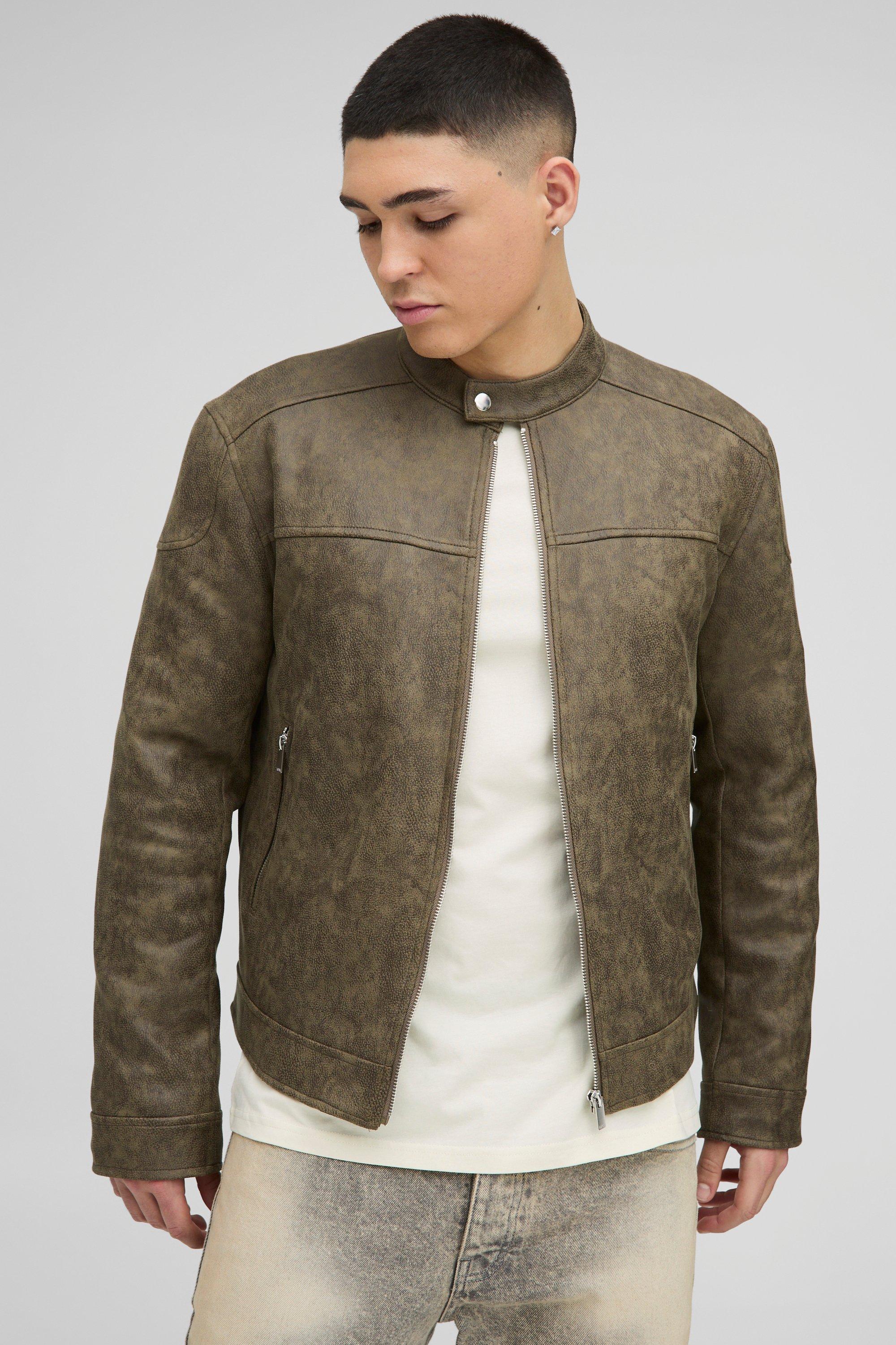 Boohoo Gebleekte Nep Suède Regular Fit Biker Jas, Olive