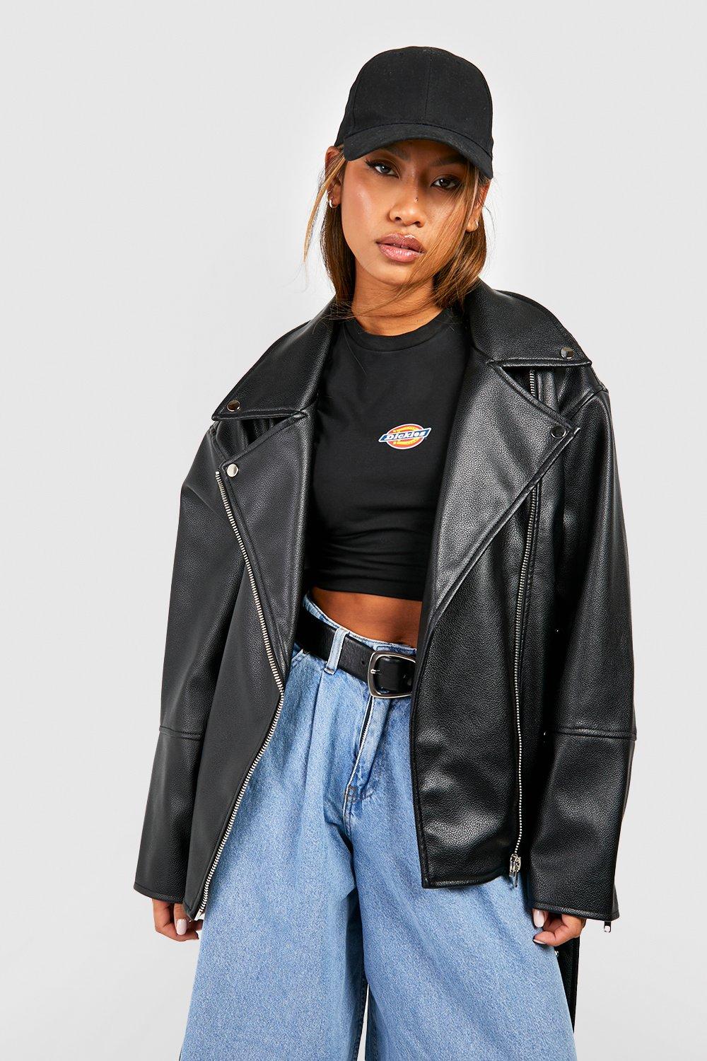 Boohoo Super Oversized Biker Jas Met Ceintuur, Black