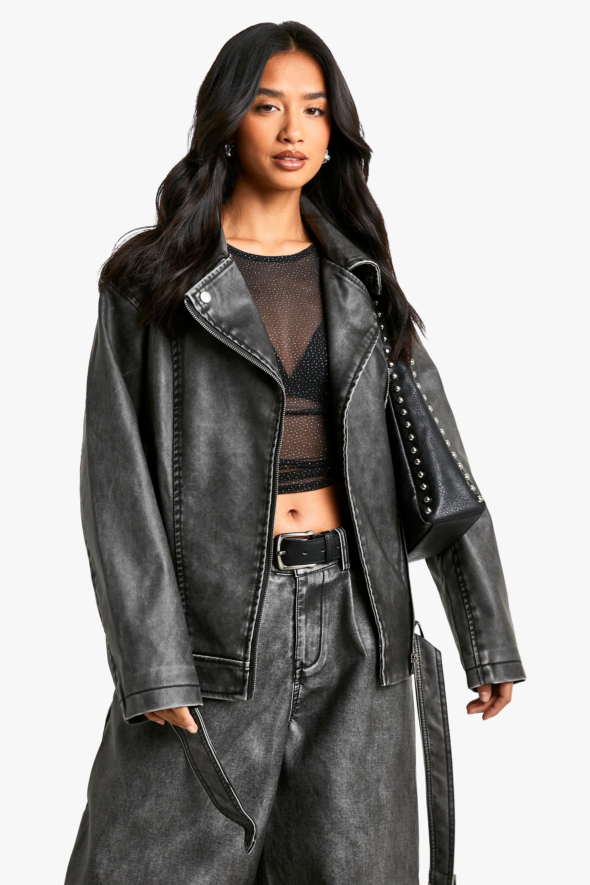 Boohoo Petite Oversized Nepleren Vintage Biker Jas, Vintage Wash