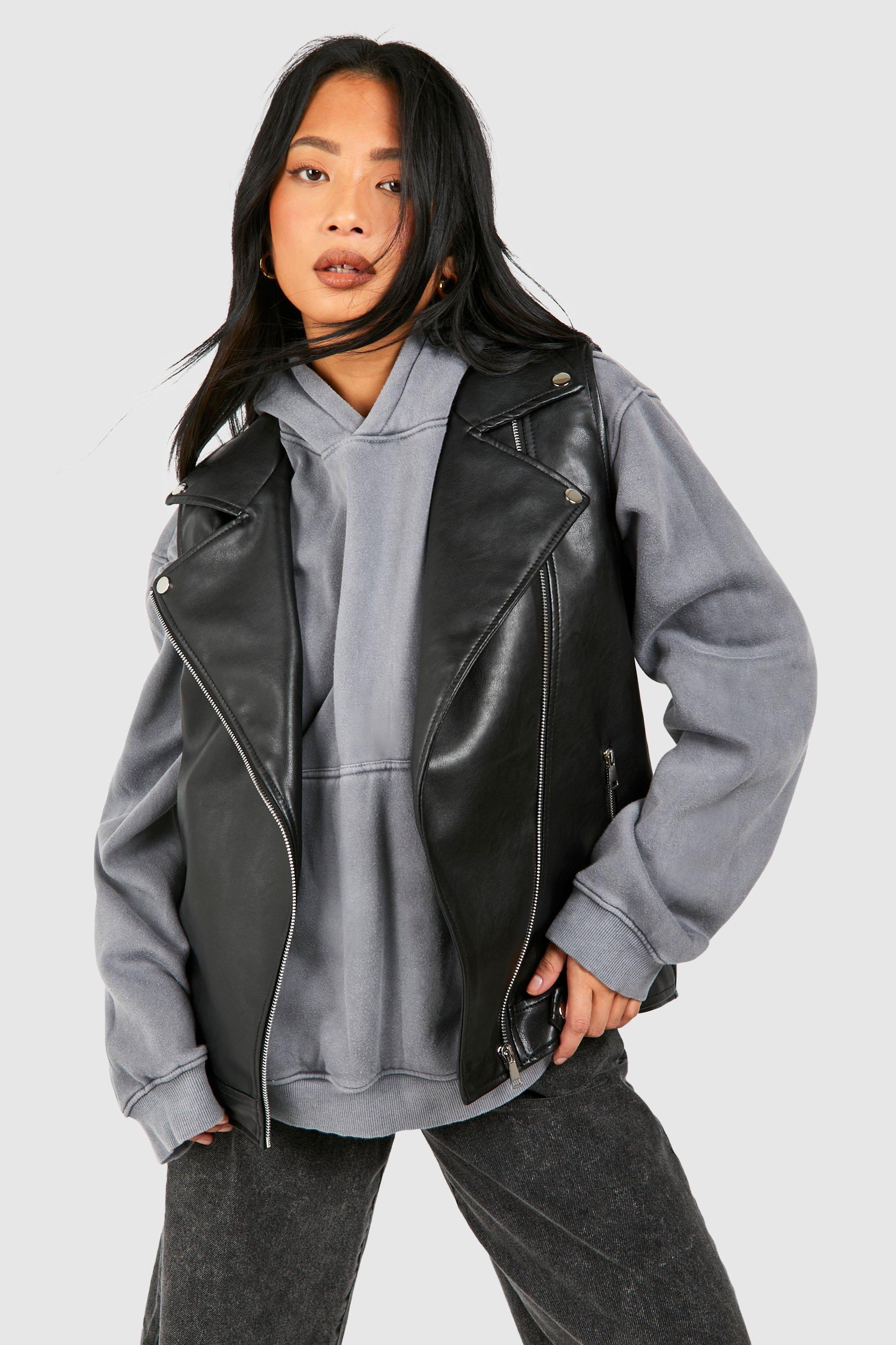 Boohoo Petite Mouwloze Nepleren Biker Jas, Black