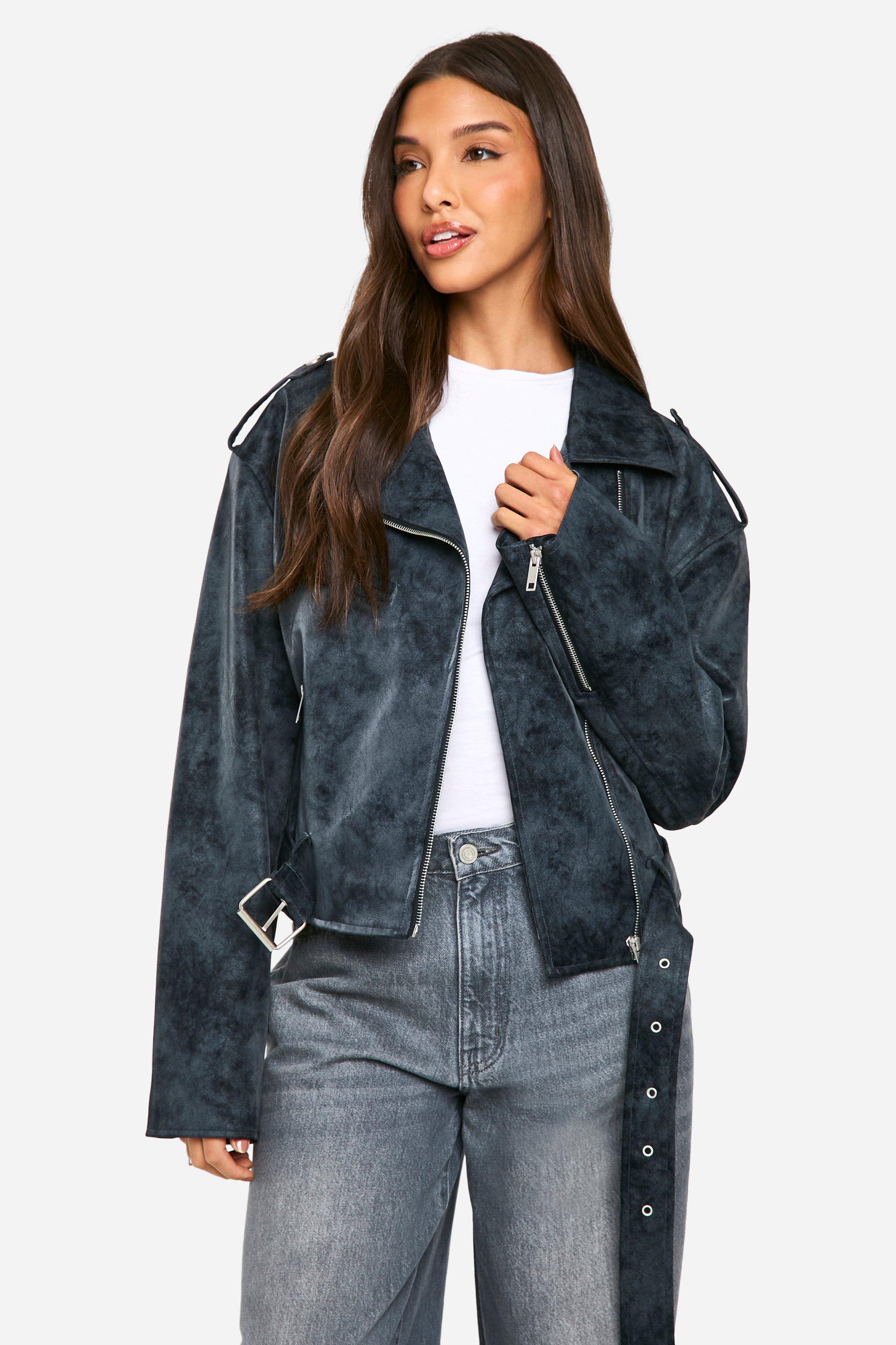 Boohoo Nepleren Vintage Look Biker Jas, Grey