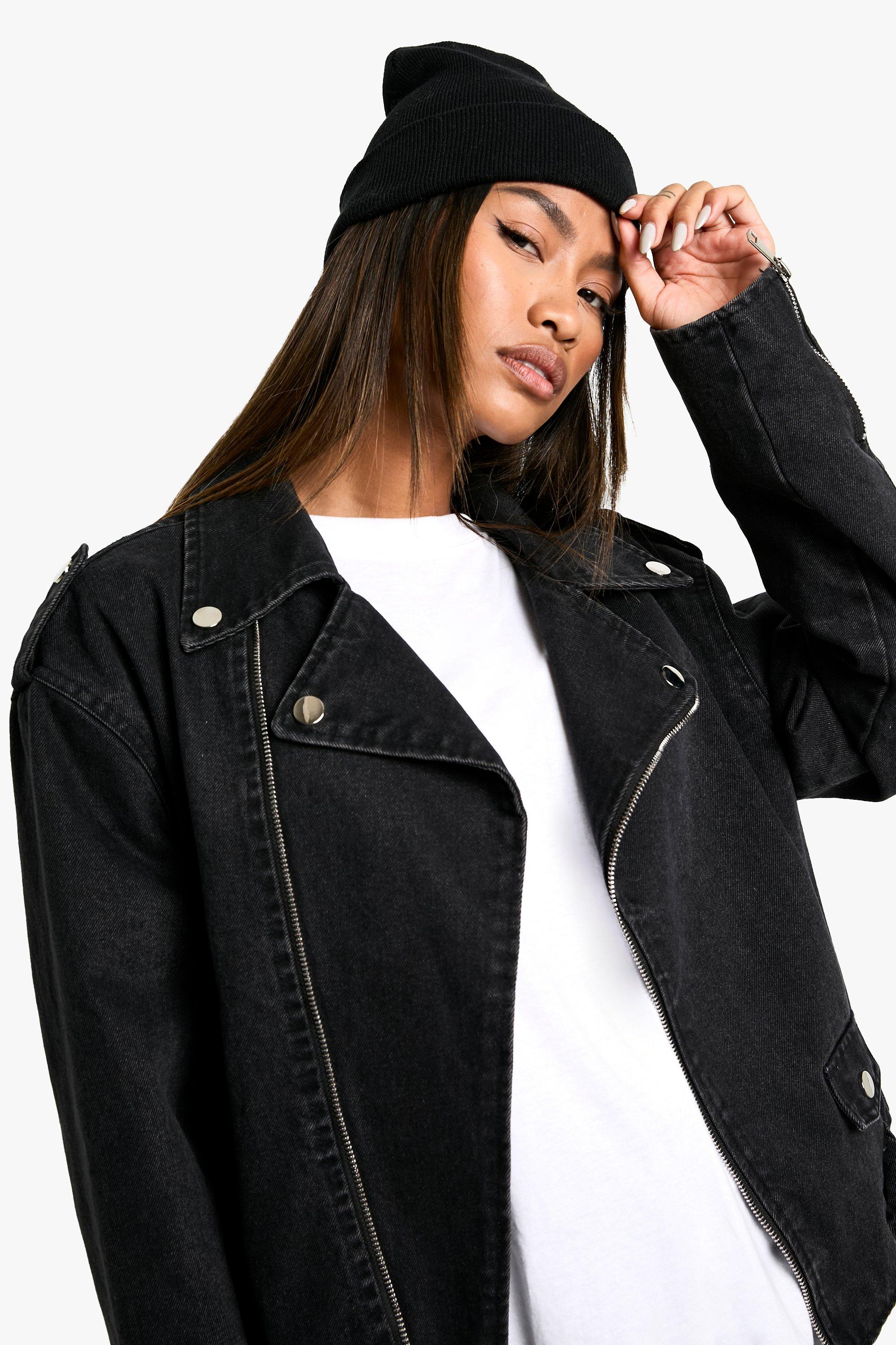 Boohoo Denim Biker Jas Met Ceintuur, Washed Black