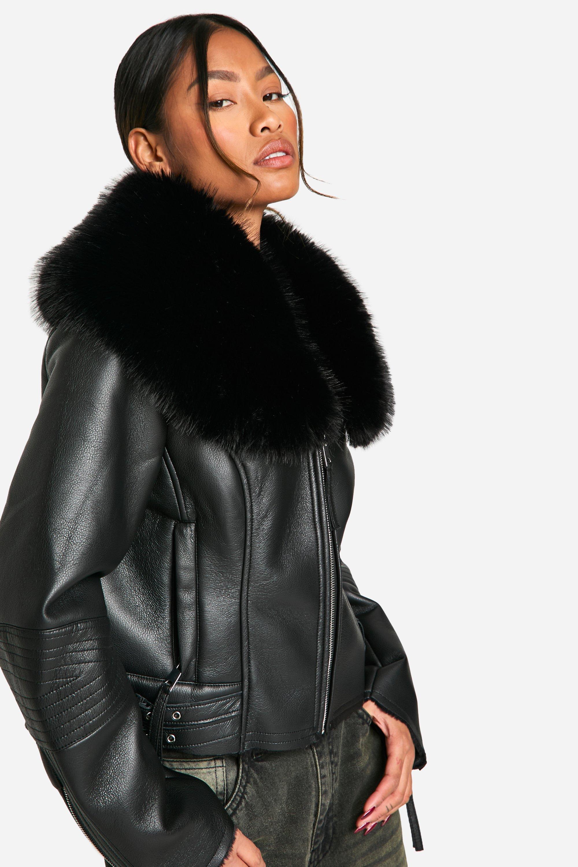 Boohoo Biker Jas Met Faux Fur Kraag, Black
