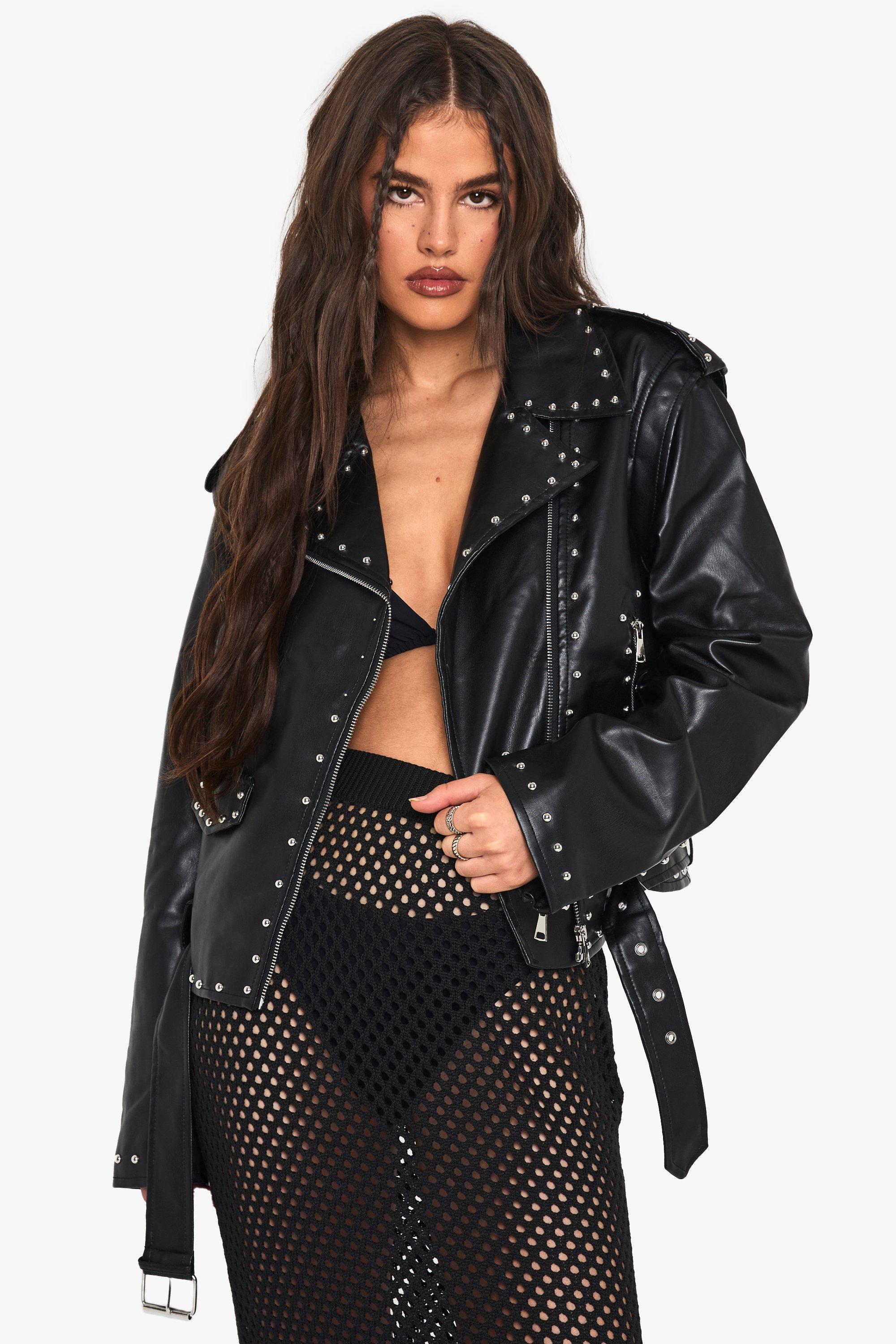 Boohoo Nepleren Biker Jas Met Studs, True Black