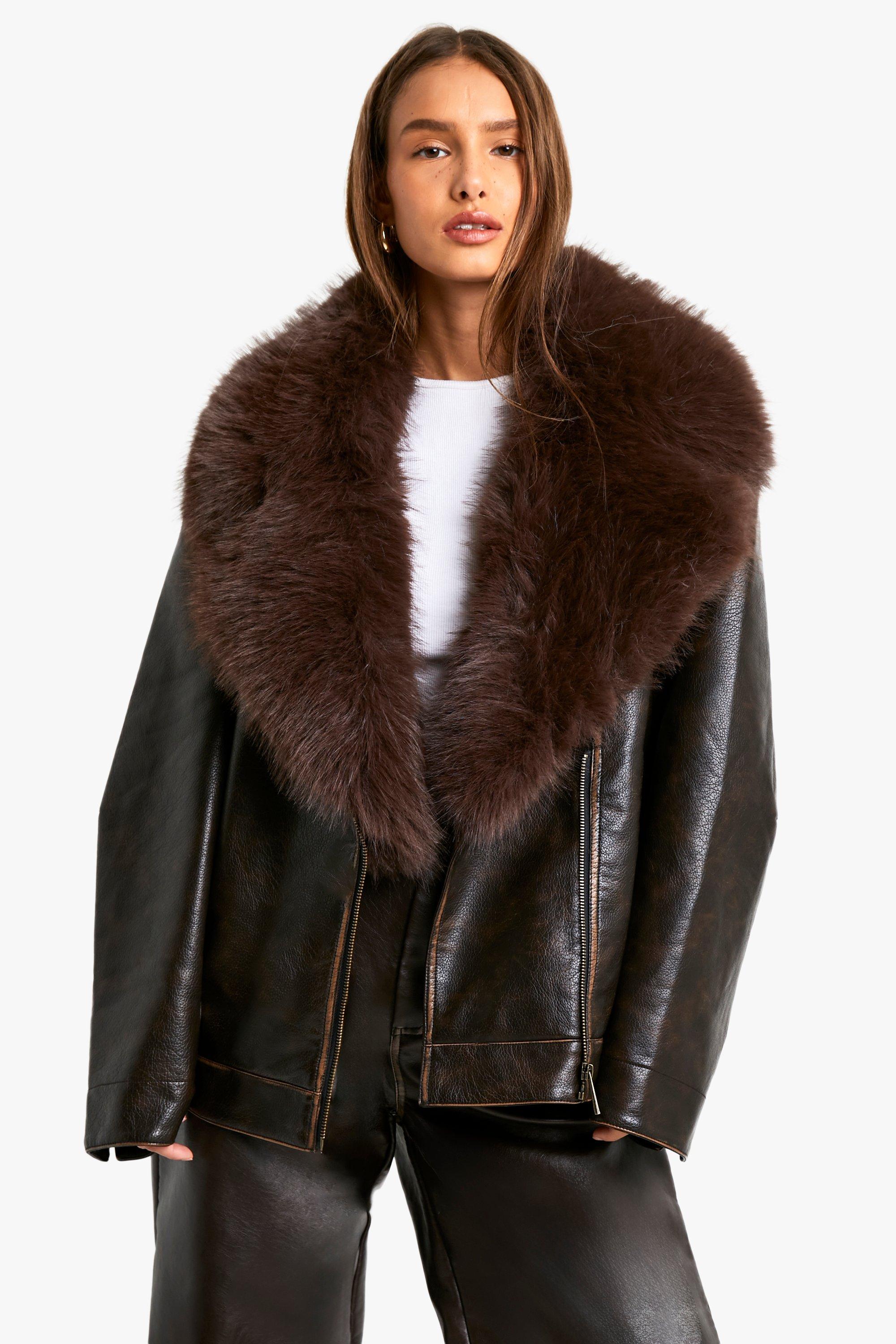 Boohoo Vintage Biker Jas Met Faux Fur Zoom, Brown