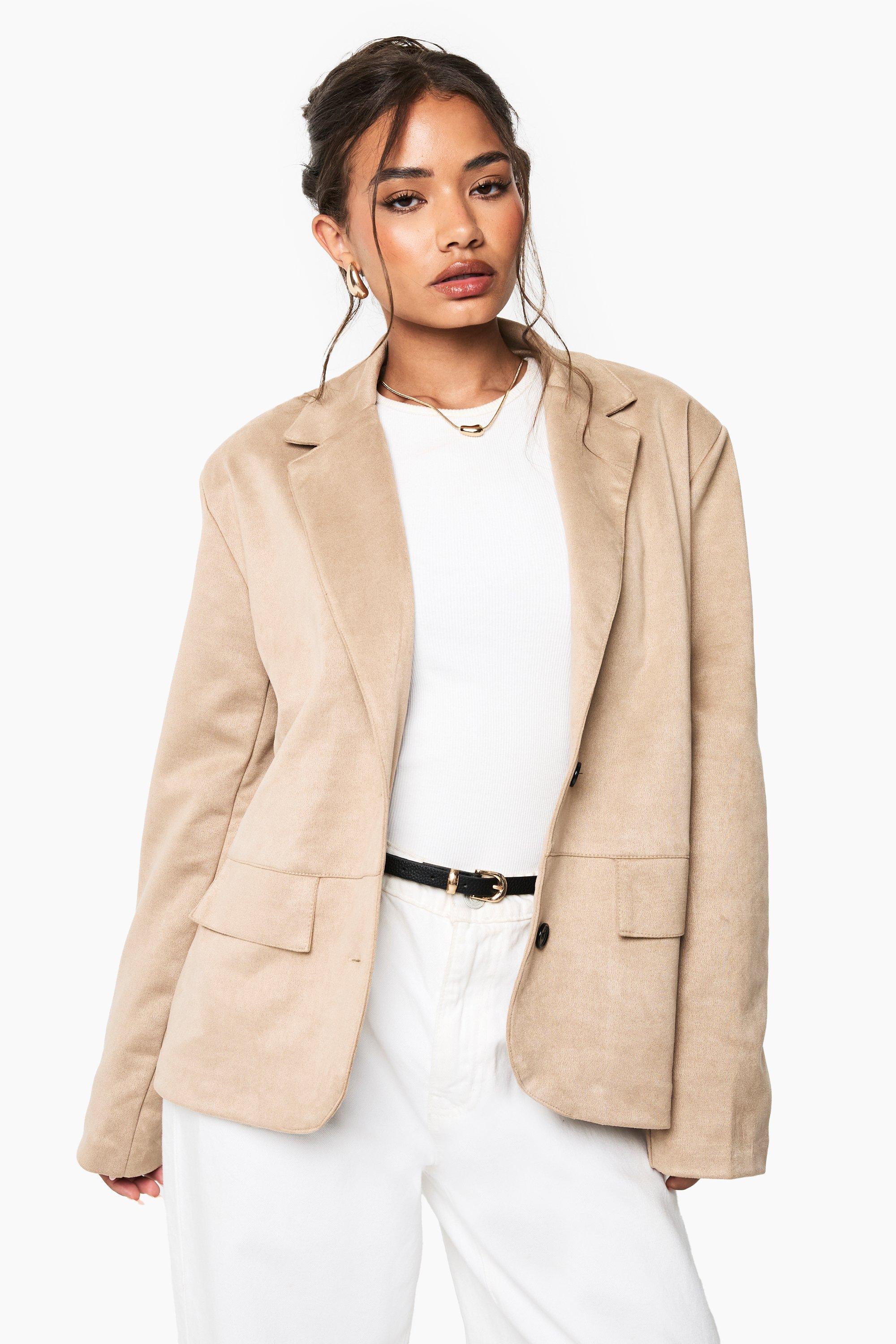 Boohoo Faux Suede Single Breast Blazer, Beige