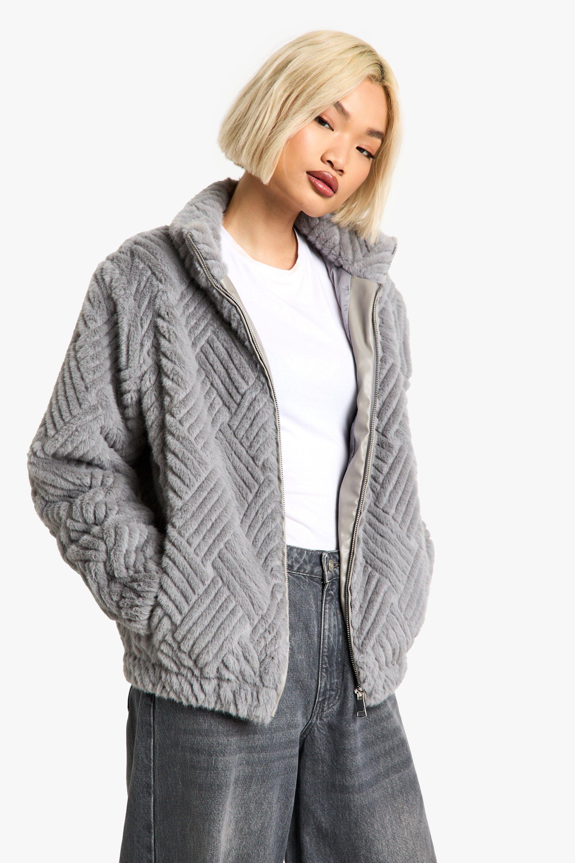 Boohoo Oversized Faux Fur Jas Met Textuur, Grey