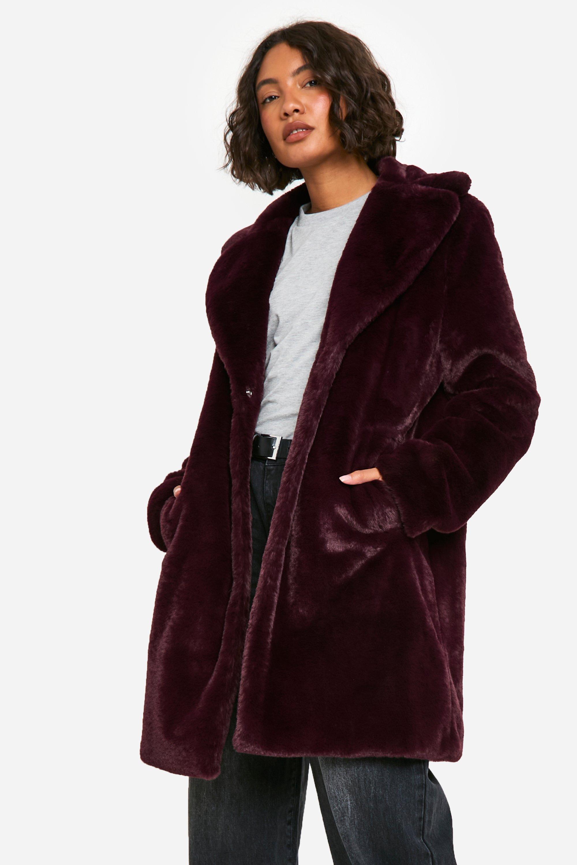 Boohoo Tall Long Line Faux Fur Jas, Burgundy