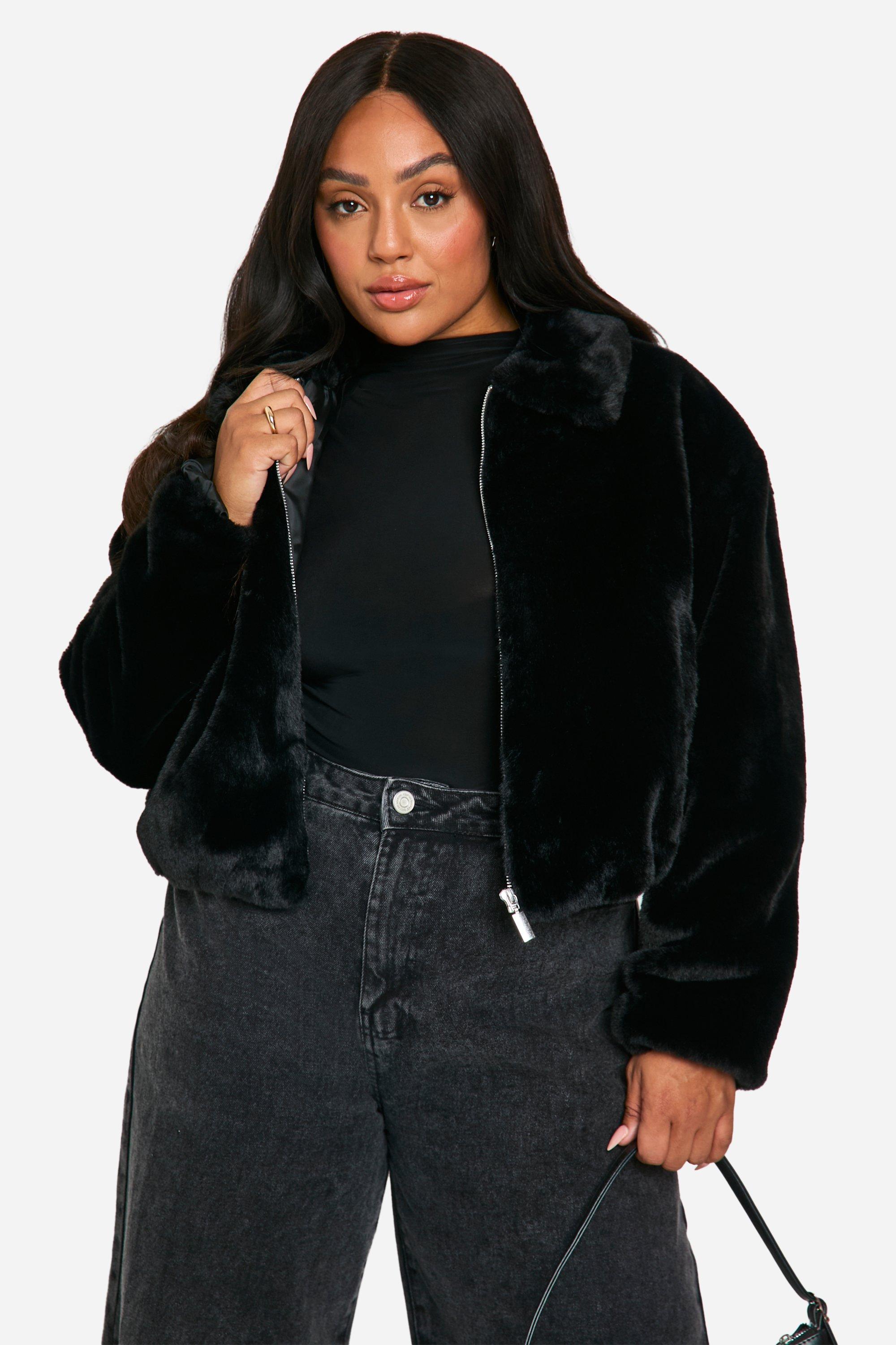 Boohoo Plus Faux Fur Jas, Black