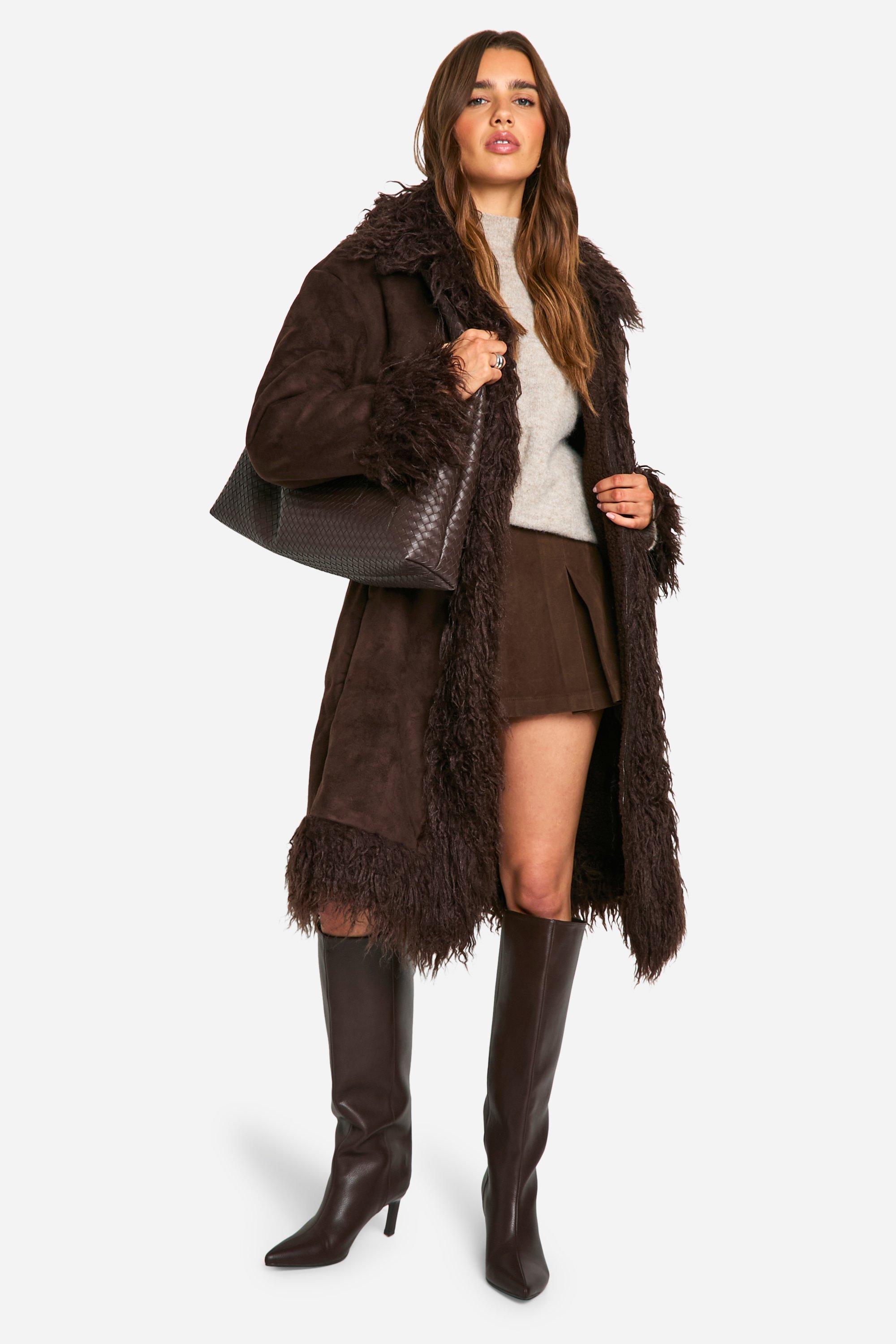 Boohoo Maxi Jas Met Faux Fur Zoom, Chocolate