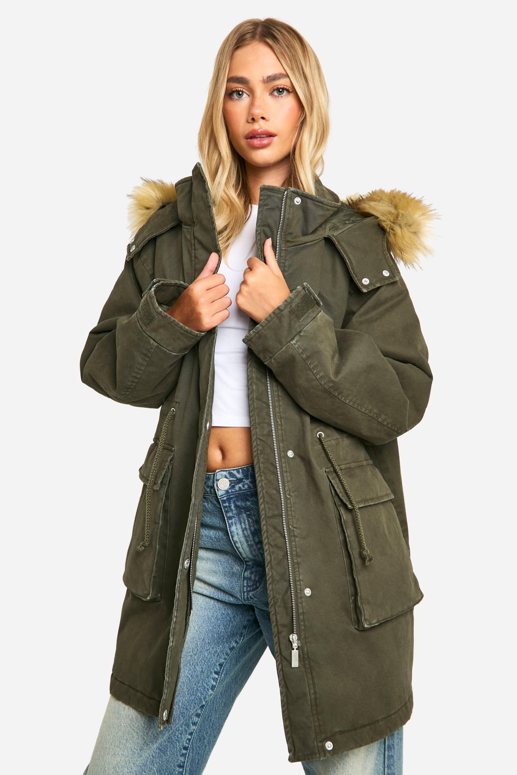 Boohoo Parka Jas Met Capuchon En Zak Detail, Khaki