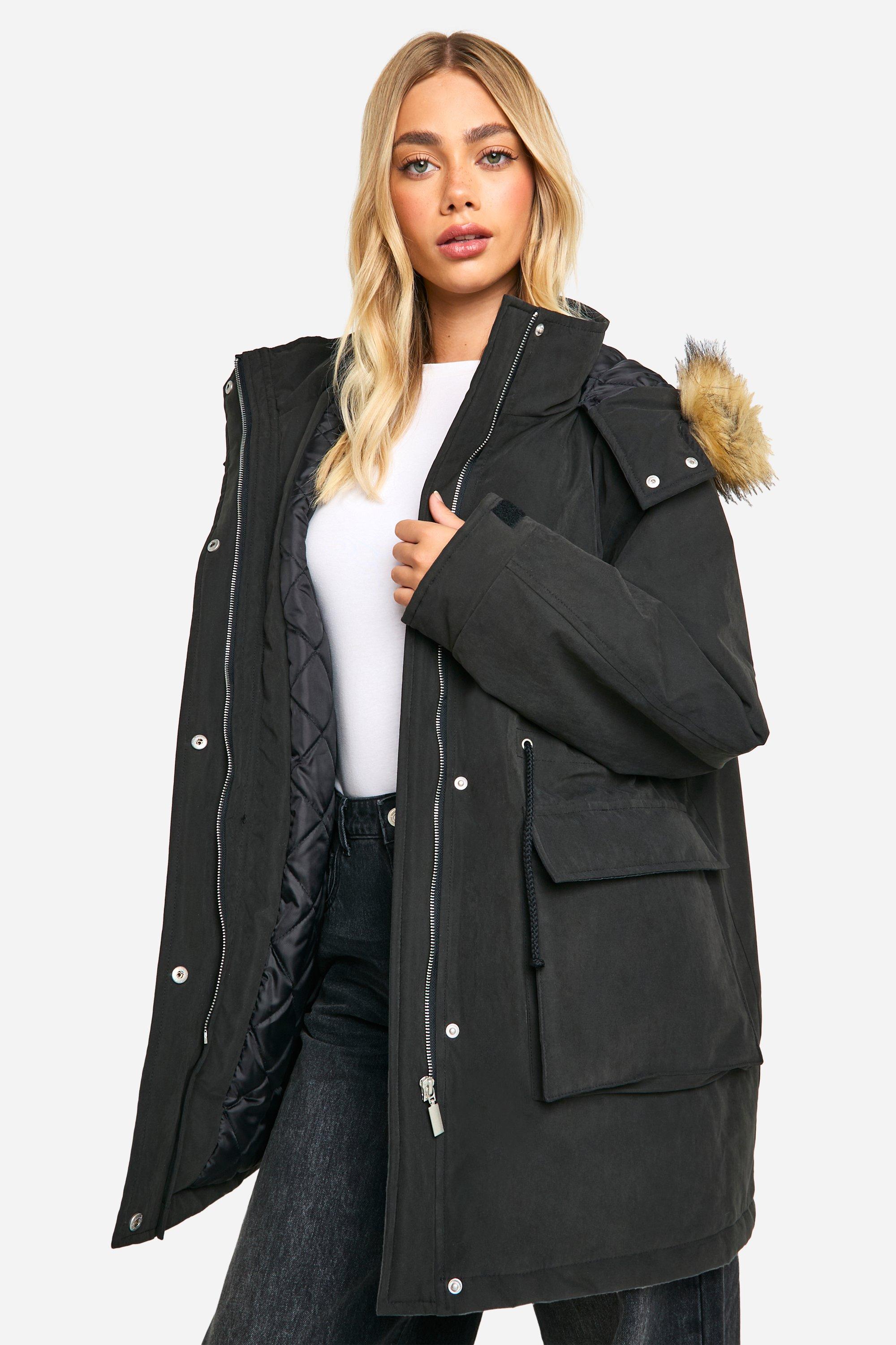 Boohoo Parka Jas Met Capuchon En Zak Detail, Black