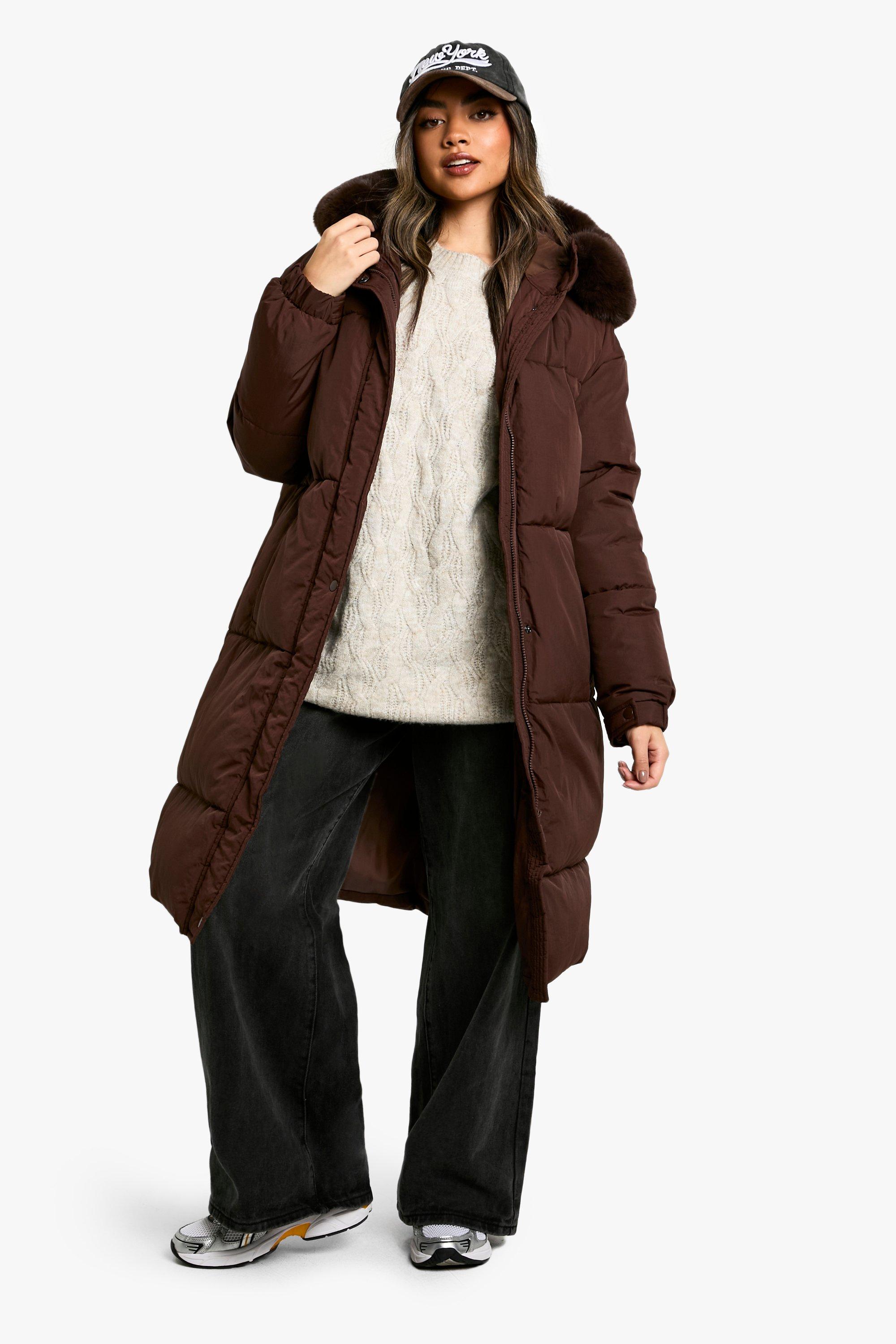 Boohoo Gewatteerde Long Line Parka Jas Met Faux Fur Capuchon, Chocolate