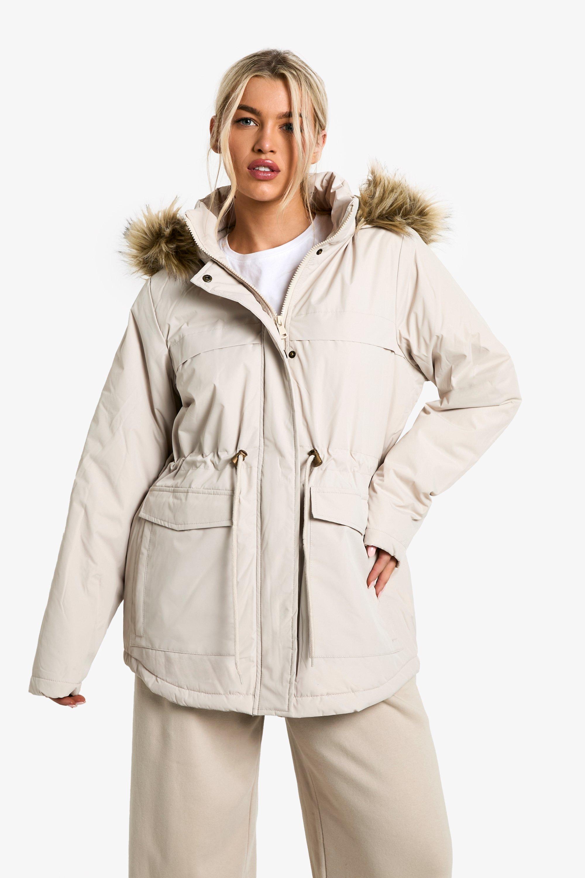 Boohoo Parka Jas Met Faux Fur Zoom, Stone