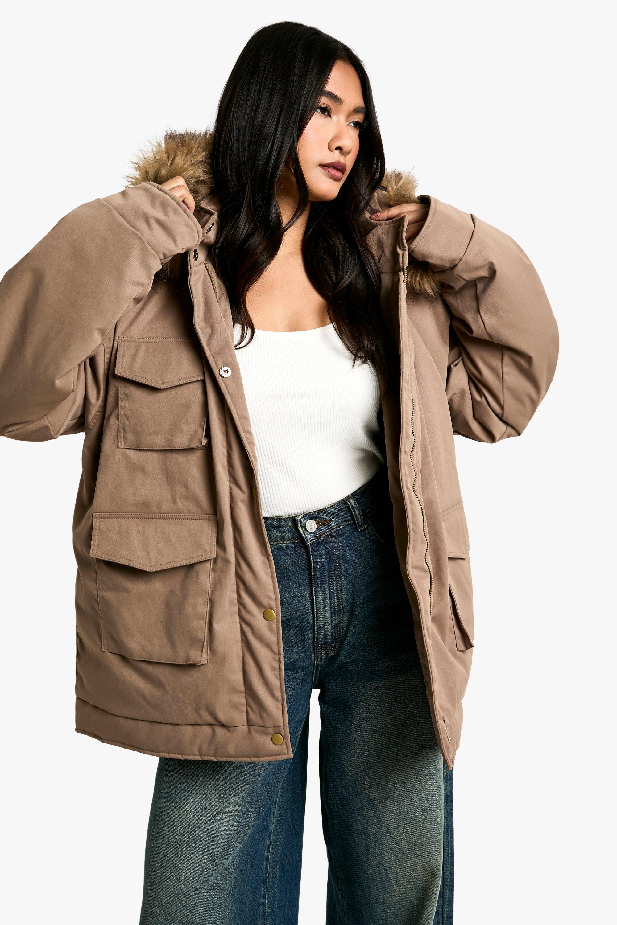 Boohoo Parka Jas Met Utility Zakken, Camel