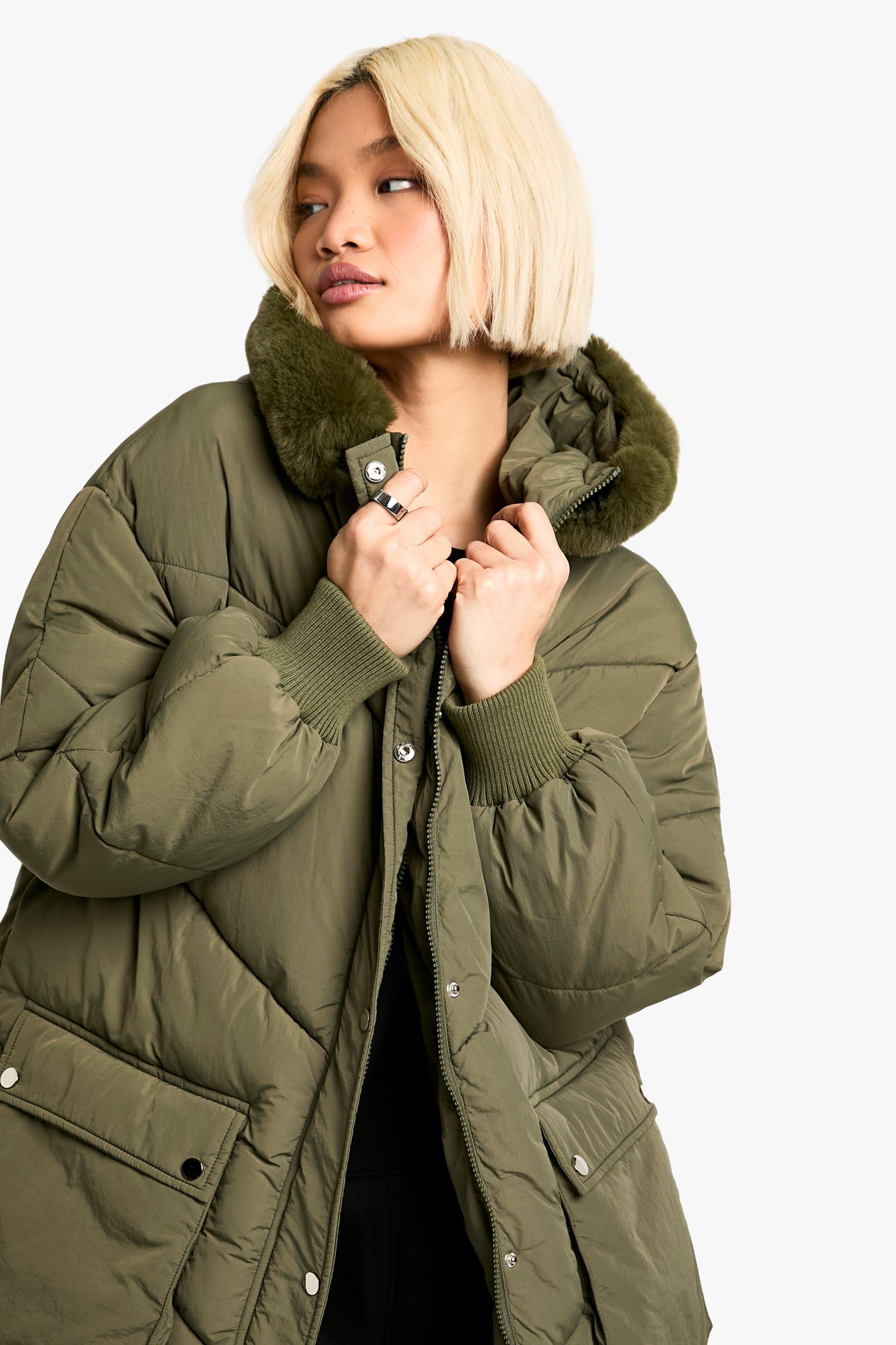 Boohoo Parka Jas Met Faux Fur Capuchon, Khaki
