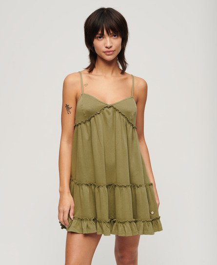 Superdry Vrouwen Jersey Cami Mini-jurk met Gelaagd Ontwerp Khaki