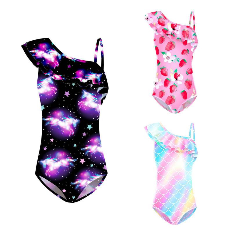 Sunshine kids clothing 5-12 jaar Kinderen Meisjes Een Schouder Eendelig Badpak Zomer Ruffle Driehoek Badpak 110