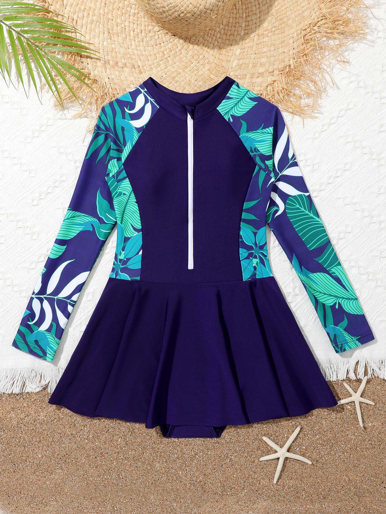 Fashion Clothes Wuchu Meisjesbadpak met lange mouwen, bedrukt badpak met rits, badpak met rashguard, strandkleding 110 blauw