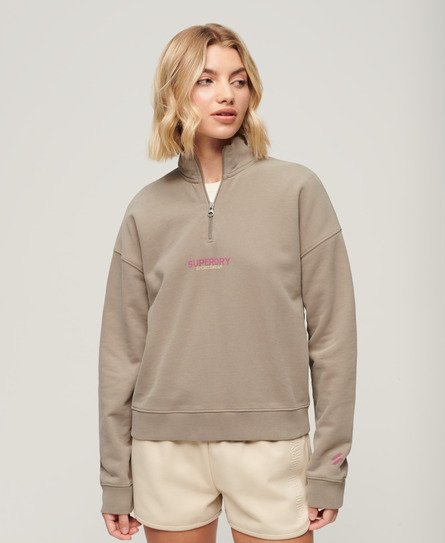 Superdry Vrouwen Sportswear Boxy Sweatshirt met Logo en Korte Rits Beige