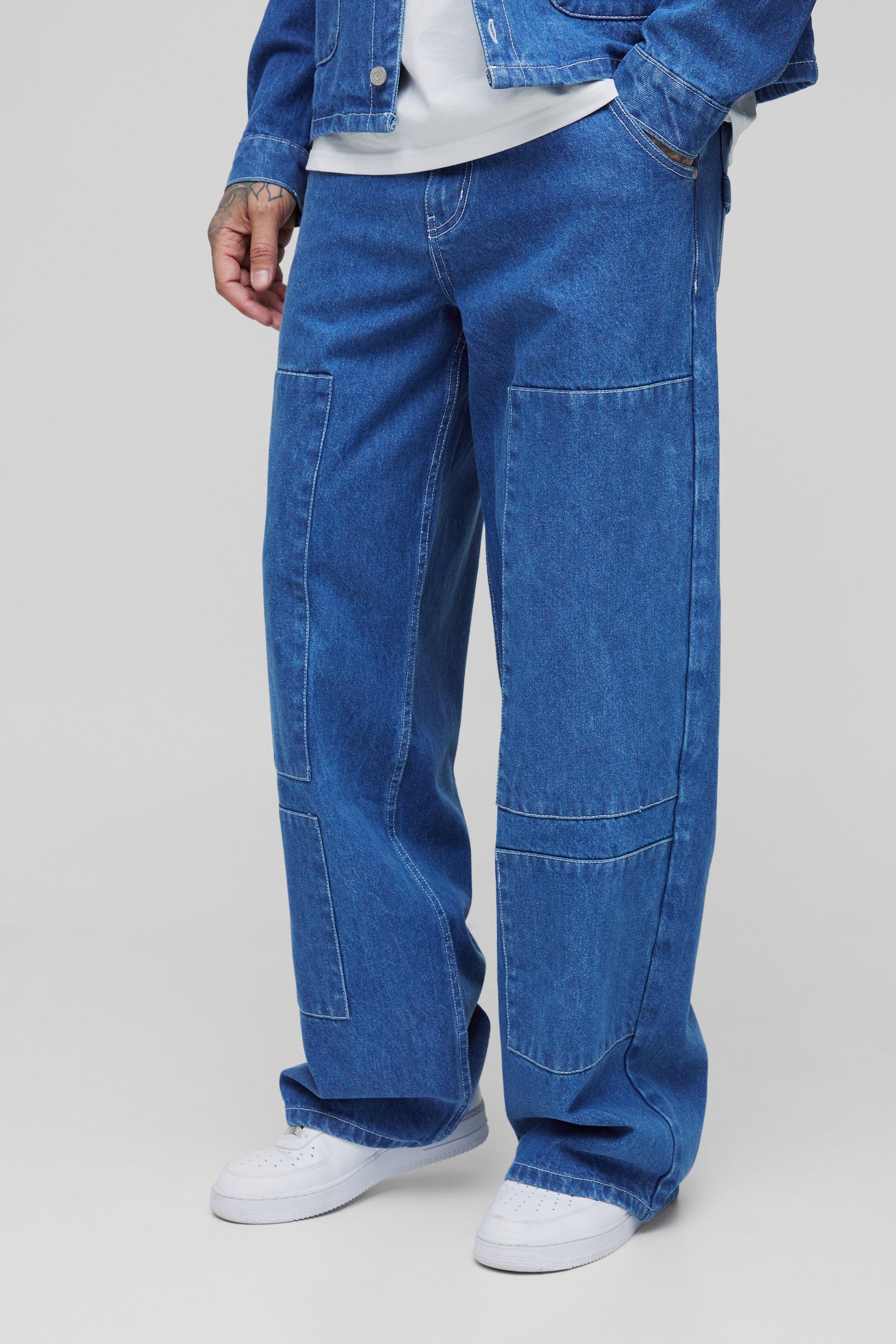 Boohoo Tall Baggy Utility Jeans Met Zakken, Mid Blue