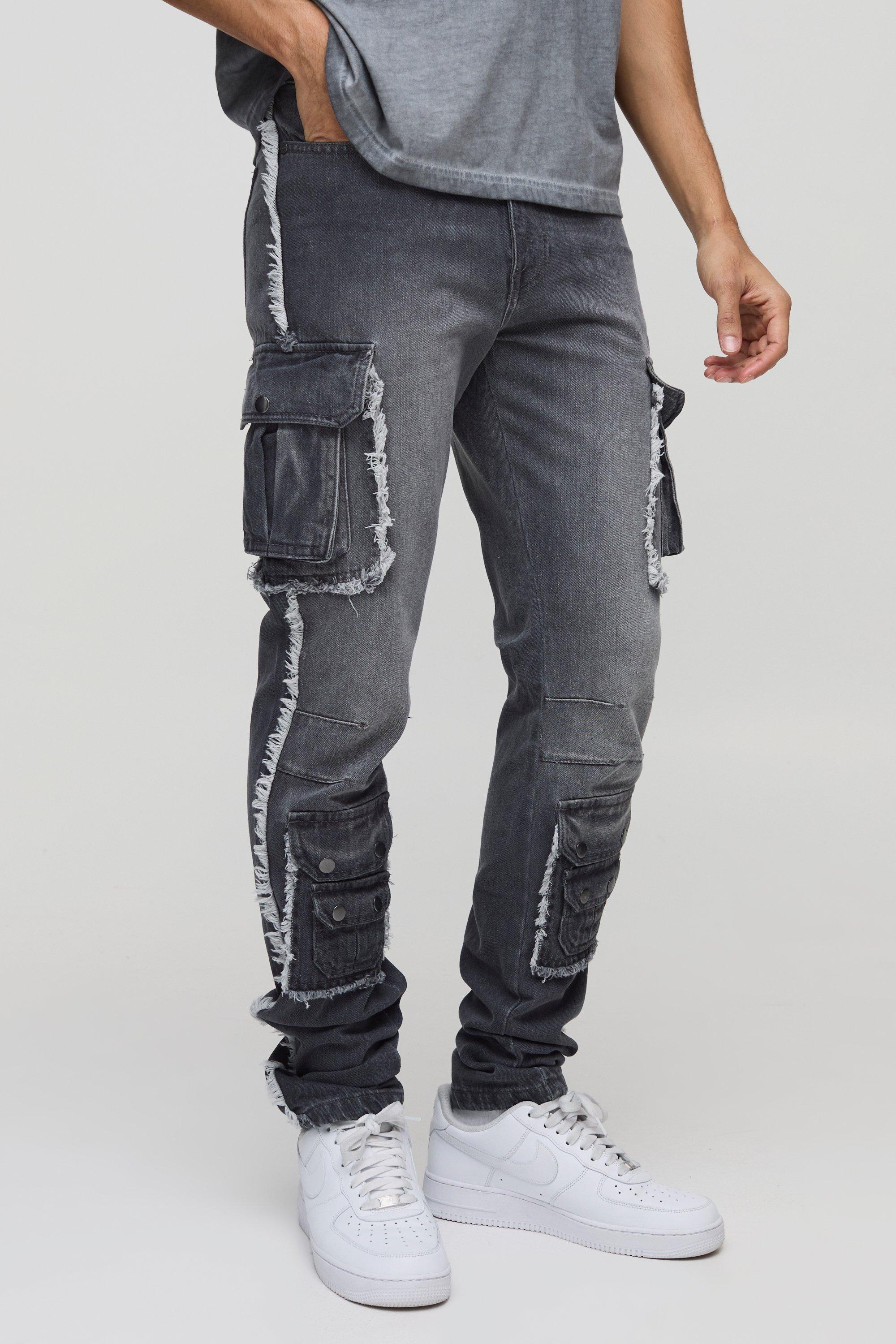 Boohoo Gebleekte Slim Fit Cargo Jeans Met Drukknoopjes, Charcoal
