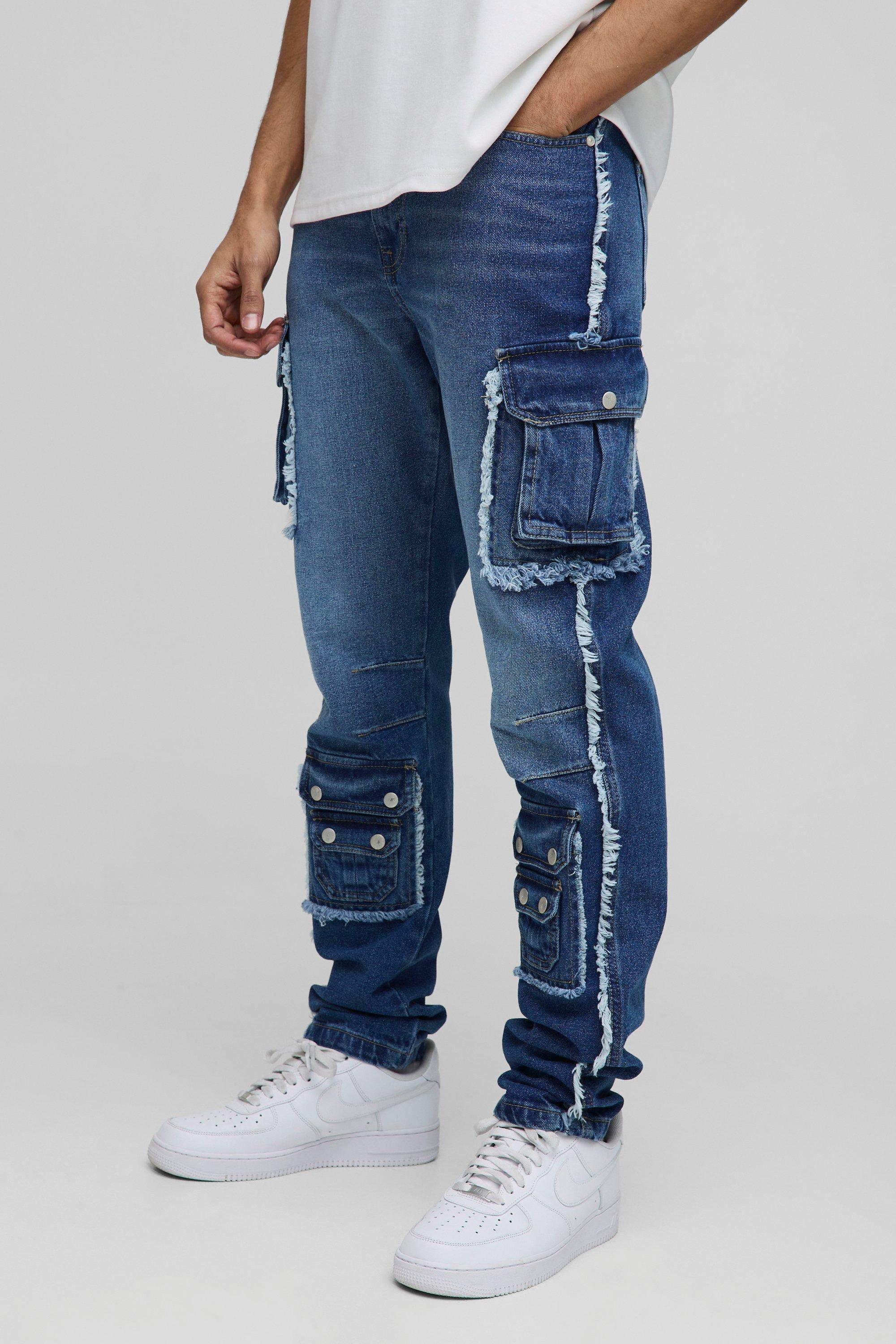 Boohoo Gebleekte Slim Fit Cargo Jeans Met Drukknoopjes, Light Blue