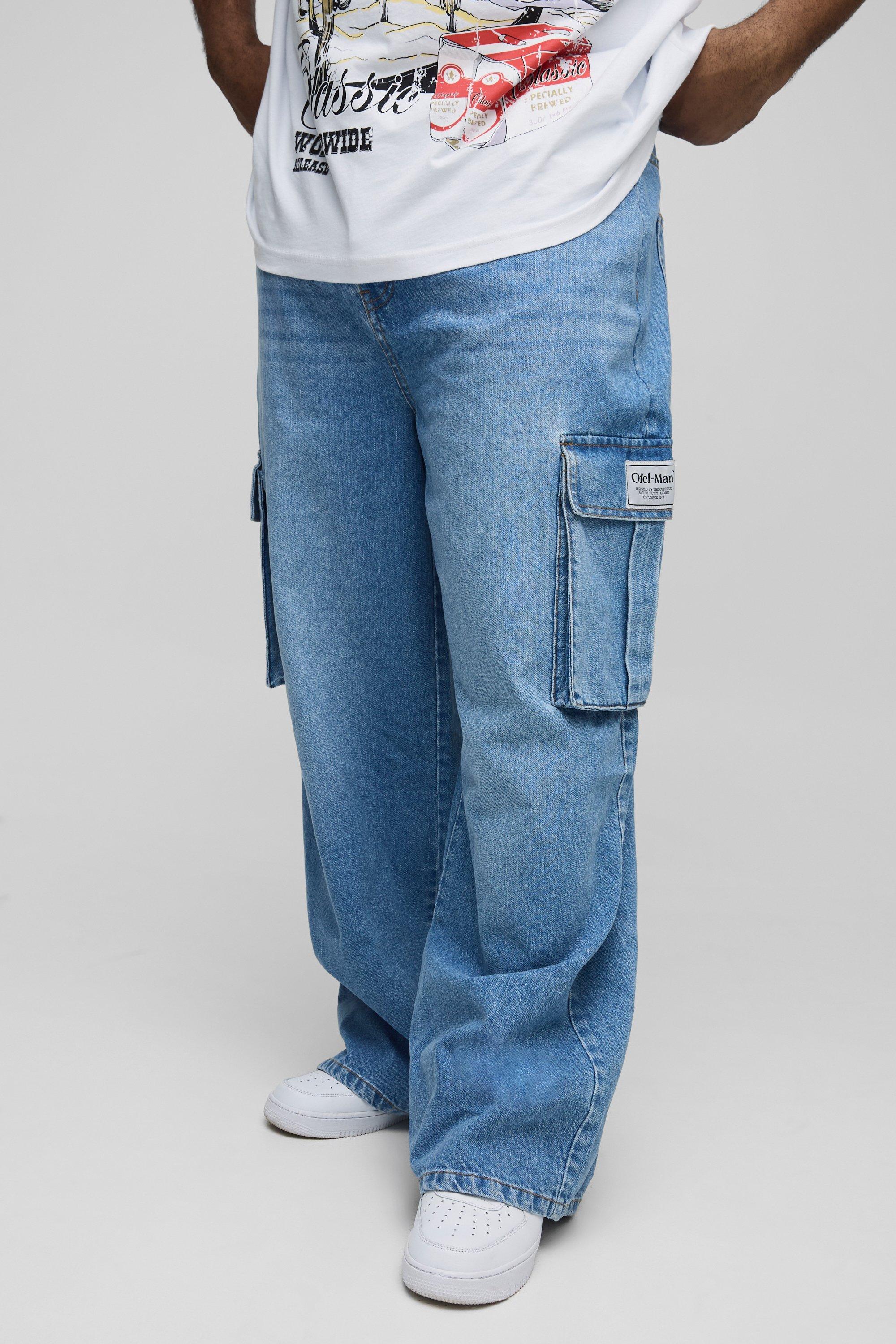 Boohoo Plus Geweven Baggy Cargo Jeans Met Label, Light Wash