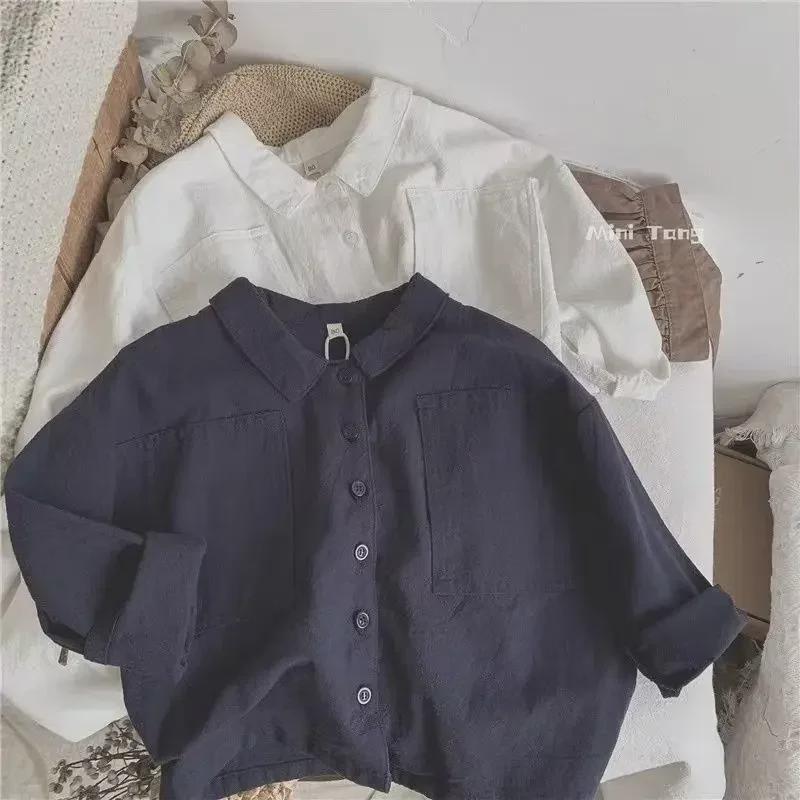 Voyex Retro Japans kinderoverhemd met vleermuismouwen en revers - katoen en linnen, lente/herfst, babyjongenskleding 90