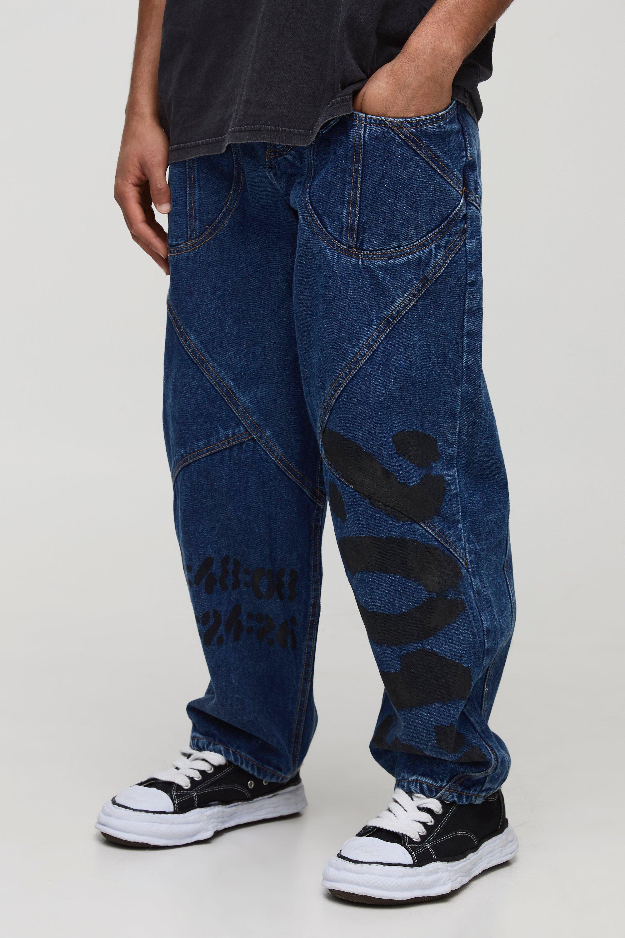 Boohoo Onbewerkte Ballon Jeans Met Panelen En Opdruk, Dark Blue
