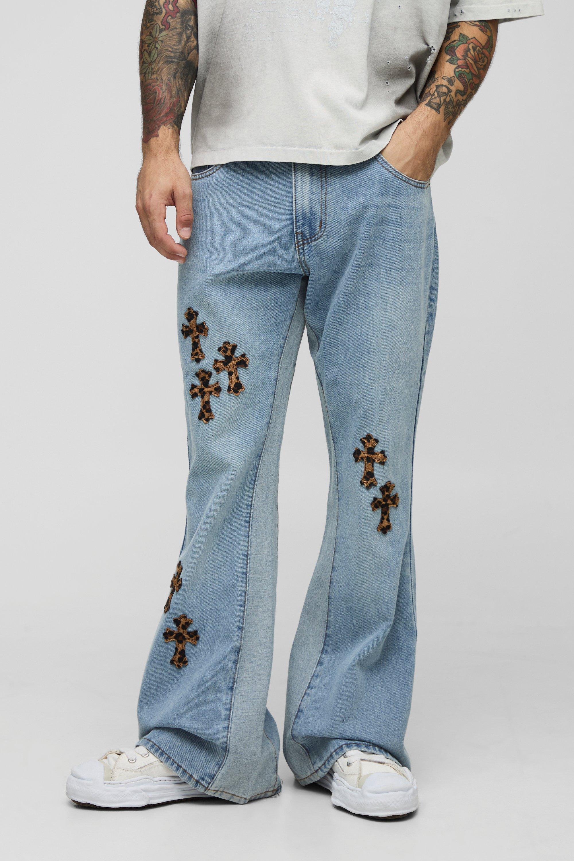 Boohoo Flared Gekruiste Luipaardprint Jeans Met Gusset Detail, Light Blue
