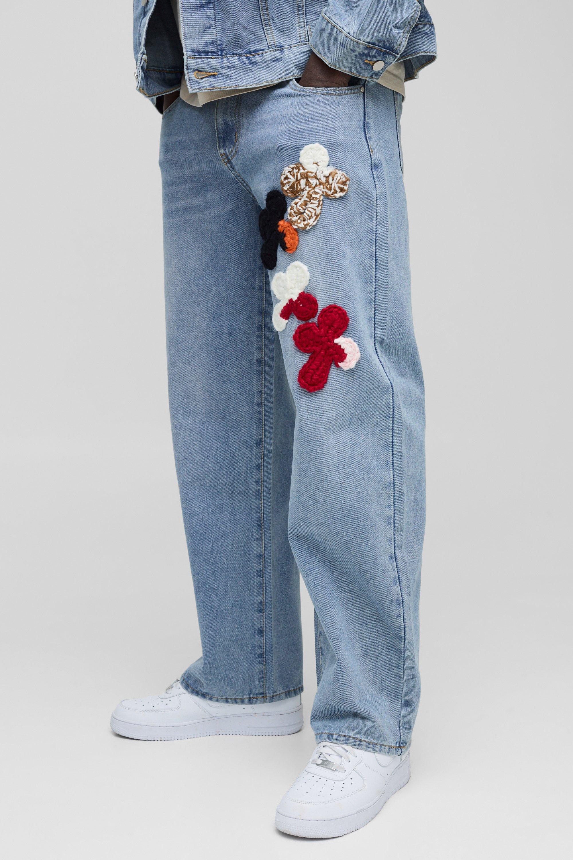 Boohoo Gehaakte Baggy Jeans Met Kruis, Light Blue