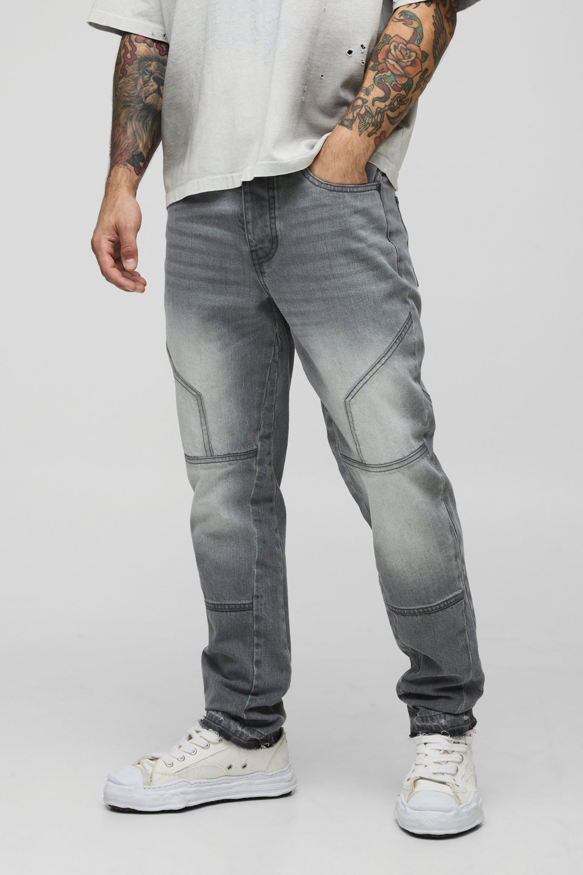 Boohoo Slim Fit Moto Jeans Met Panelen, Gusset En Losvallende Zoom, Light Grey