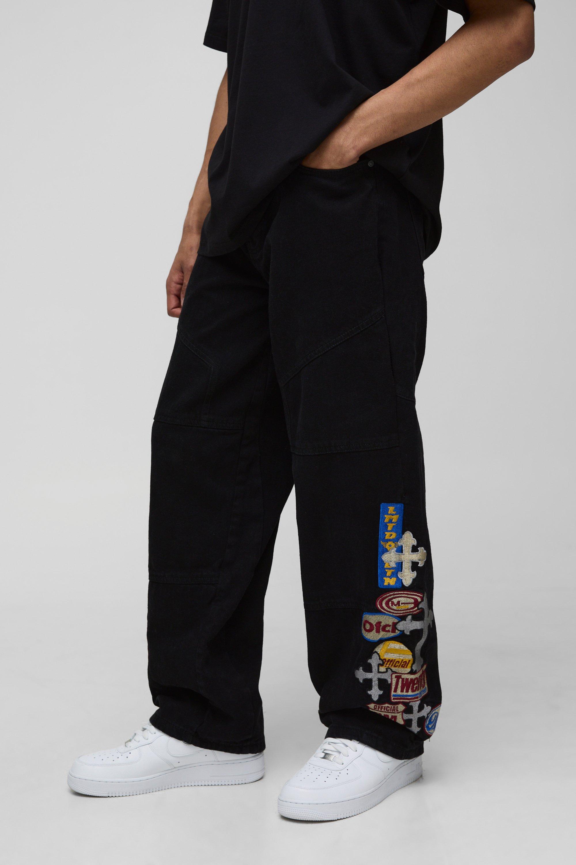 Boohoo Baggy Moto Jeans Met Gekruiste Badges En Panelen, Black