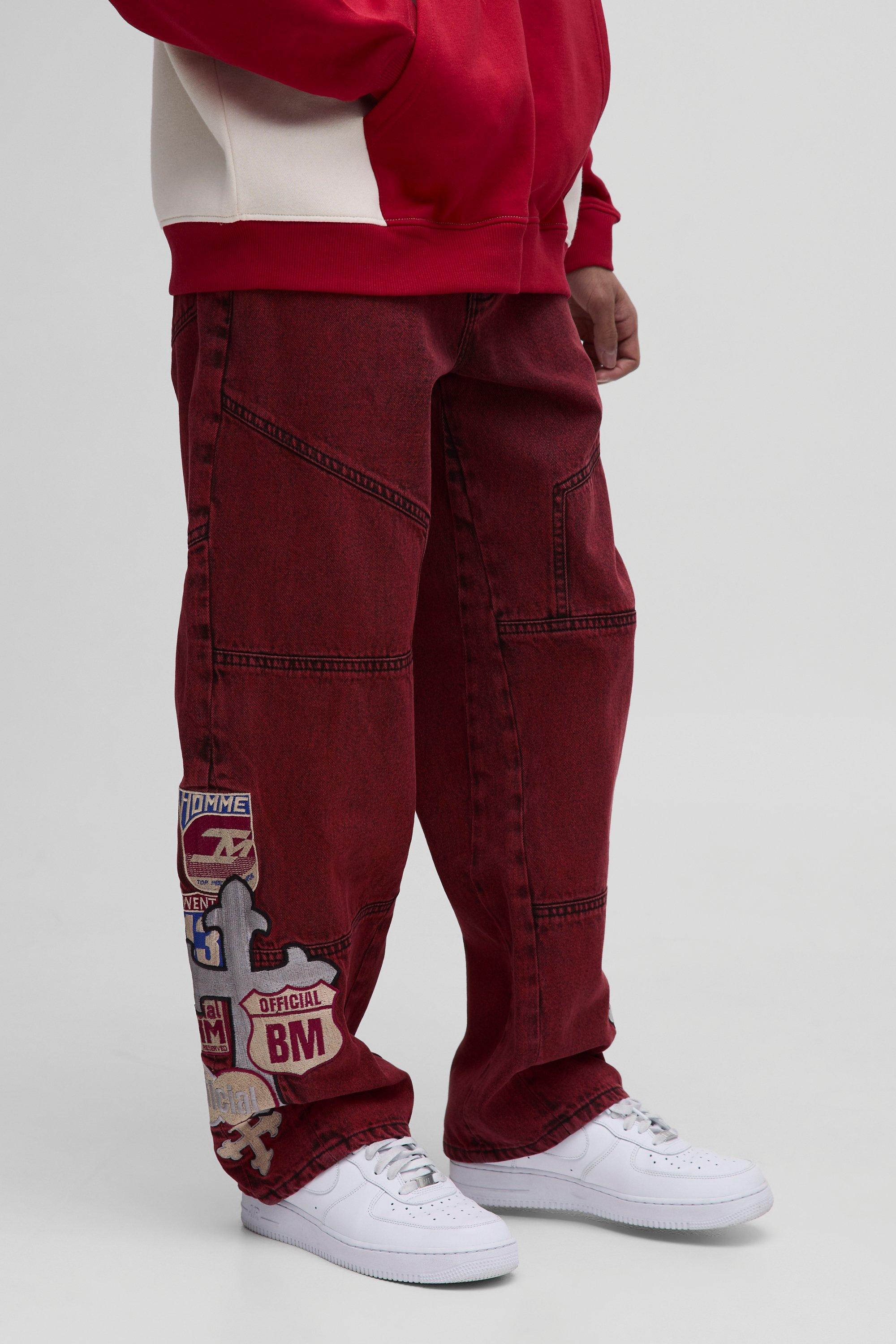 Boohoo Baggy Moto Jeans Met Gekruiste Badges En Panelen, Red